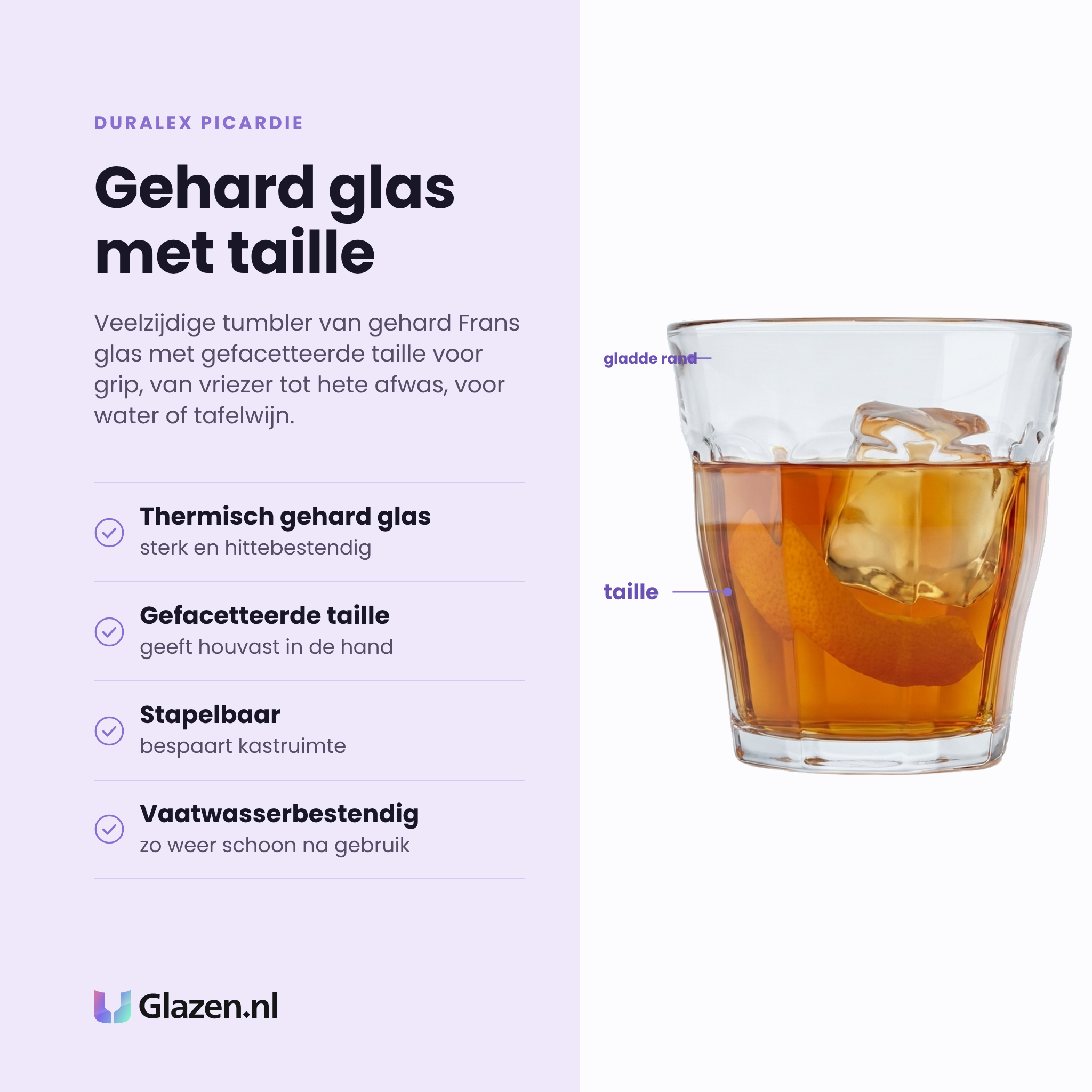 Duralex Picardie tumbler 25 cl eigenschappen: thermisch gehard glas, gefacetteerde taille, stapelbaar, vaatwasserbestendig