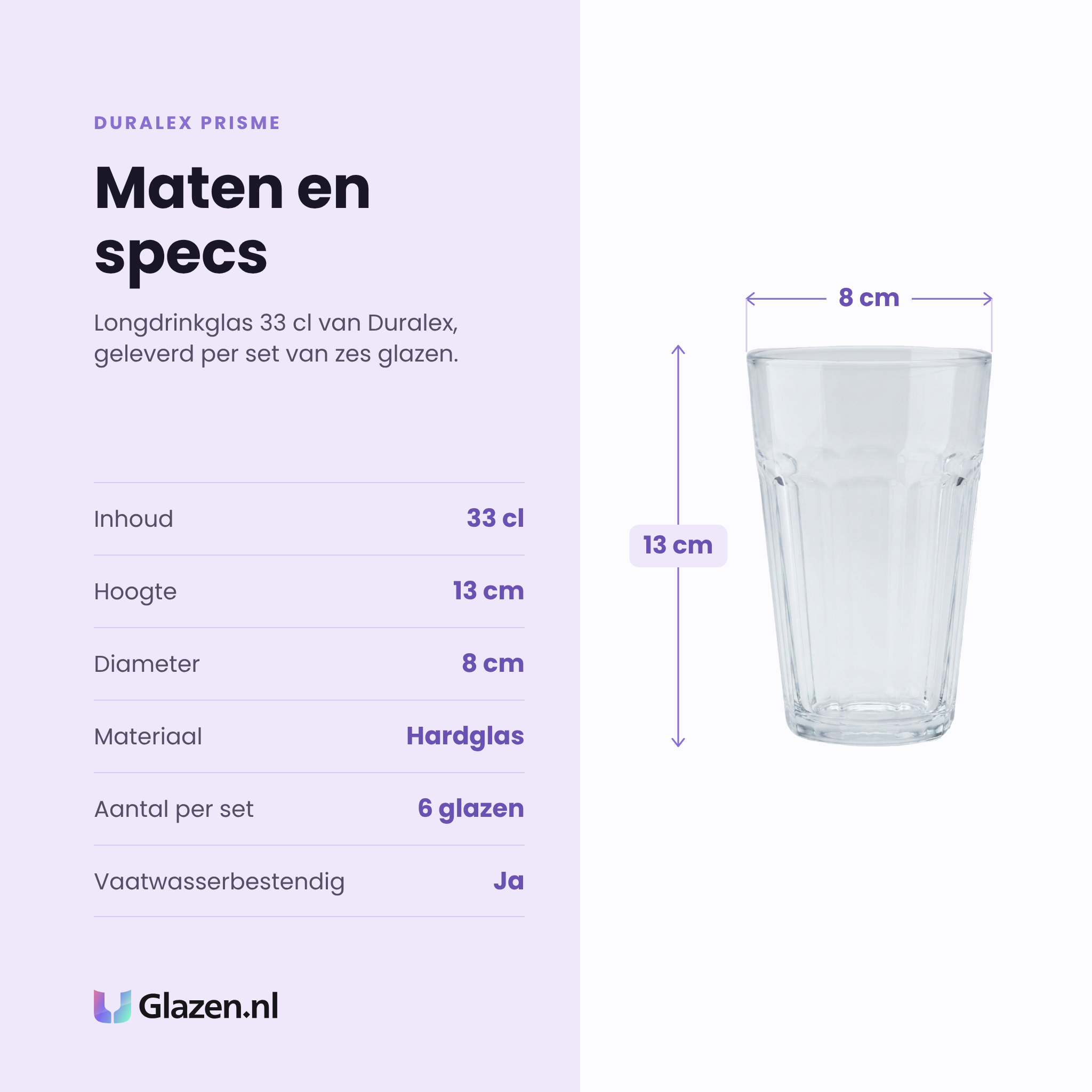 Duralex Prisme longdrinkglas 33 cl specificaties: inhoud 33 cl, hoogte 13 cm, diameter 8 cm, hardglas, set van 6