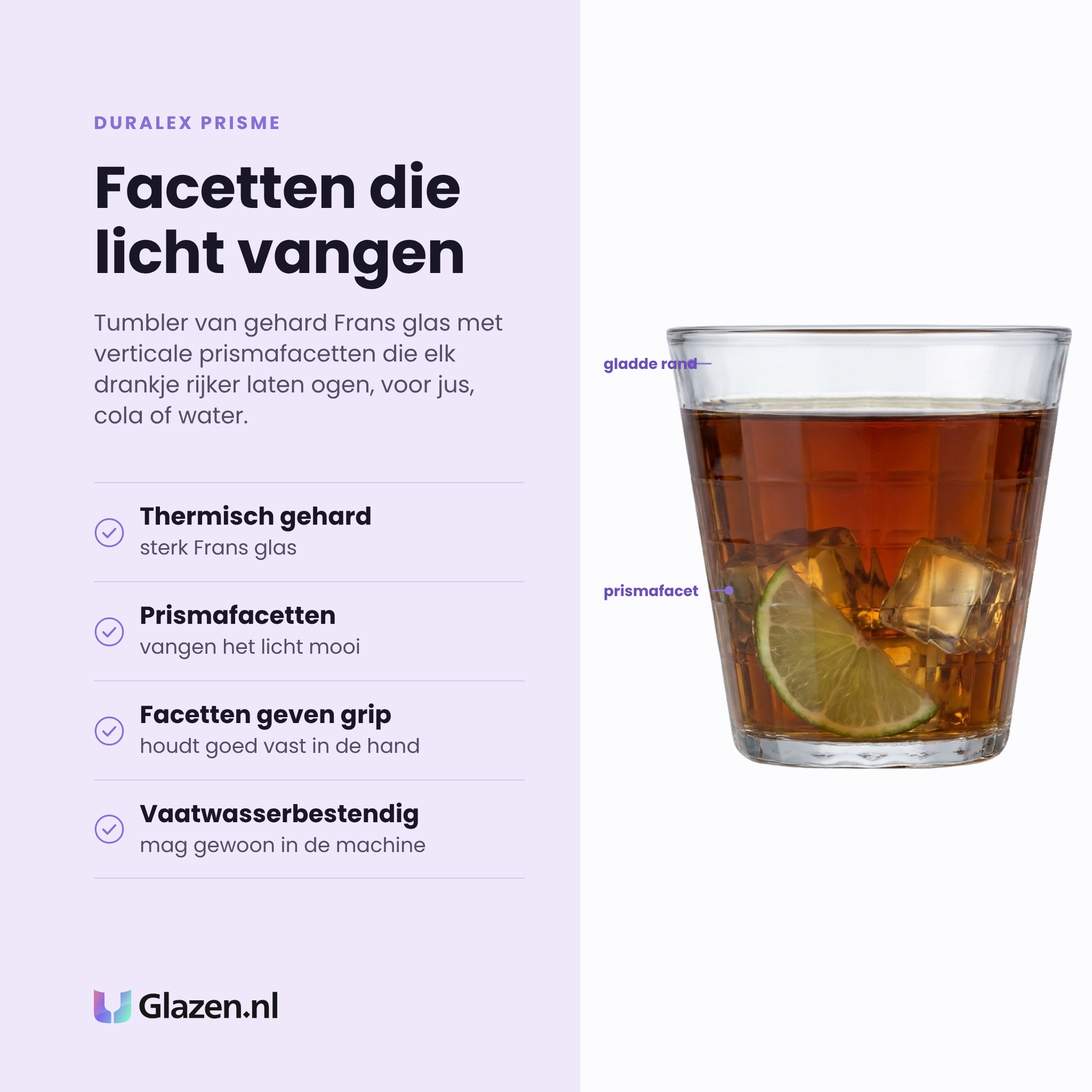 Duralex Prisme tumbler 22 cl eigenschappen: thermisch gehard glas, prismafacetten, facetten geven grip, vaatwasserbestendig