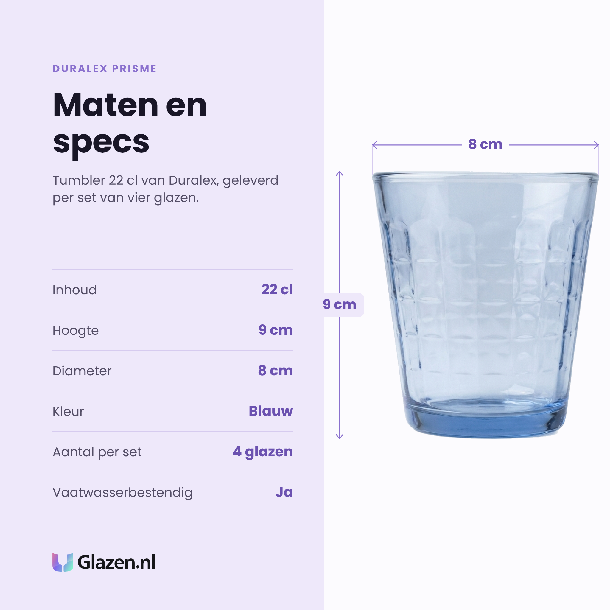 Duralex Prisme tumbler 22 cl specificaties: inhoud 22 cl, hoogte 9 cm, diameter 8 cm, blauw, set van 4