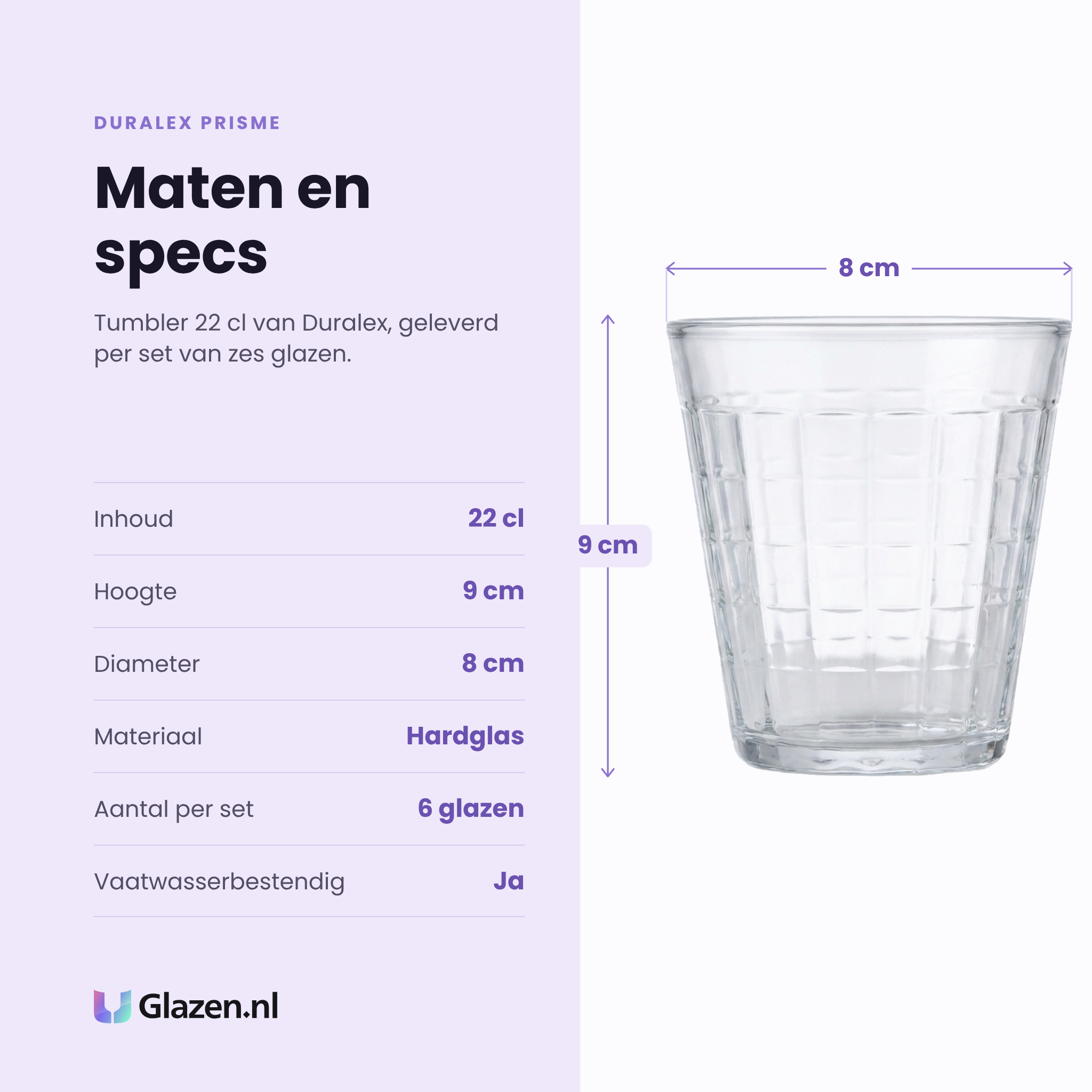 Duralex Prisme tumbler 22 cl specificaties: inhoud 22 cl, hoogte 9 cm, diameter 8 cm, hardglas, set van 6