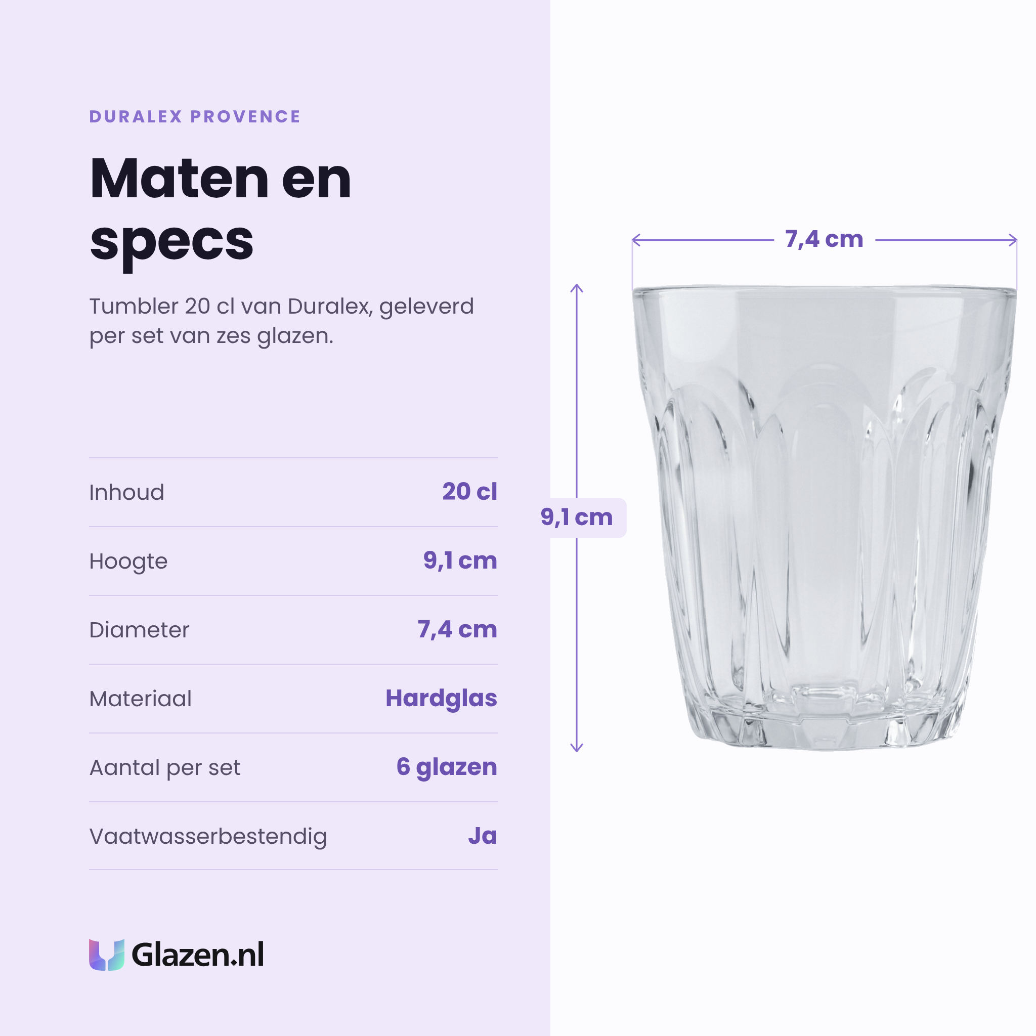 Duralex Provence tumbler 20 cl specificaties: inhoud 20 cl, hoogte 9,1 cm, diameter 7,4 cm, hardglas, set van 6