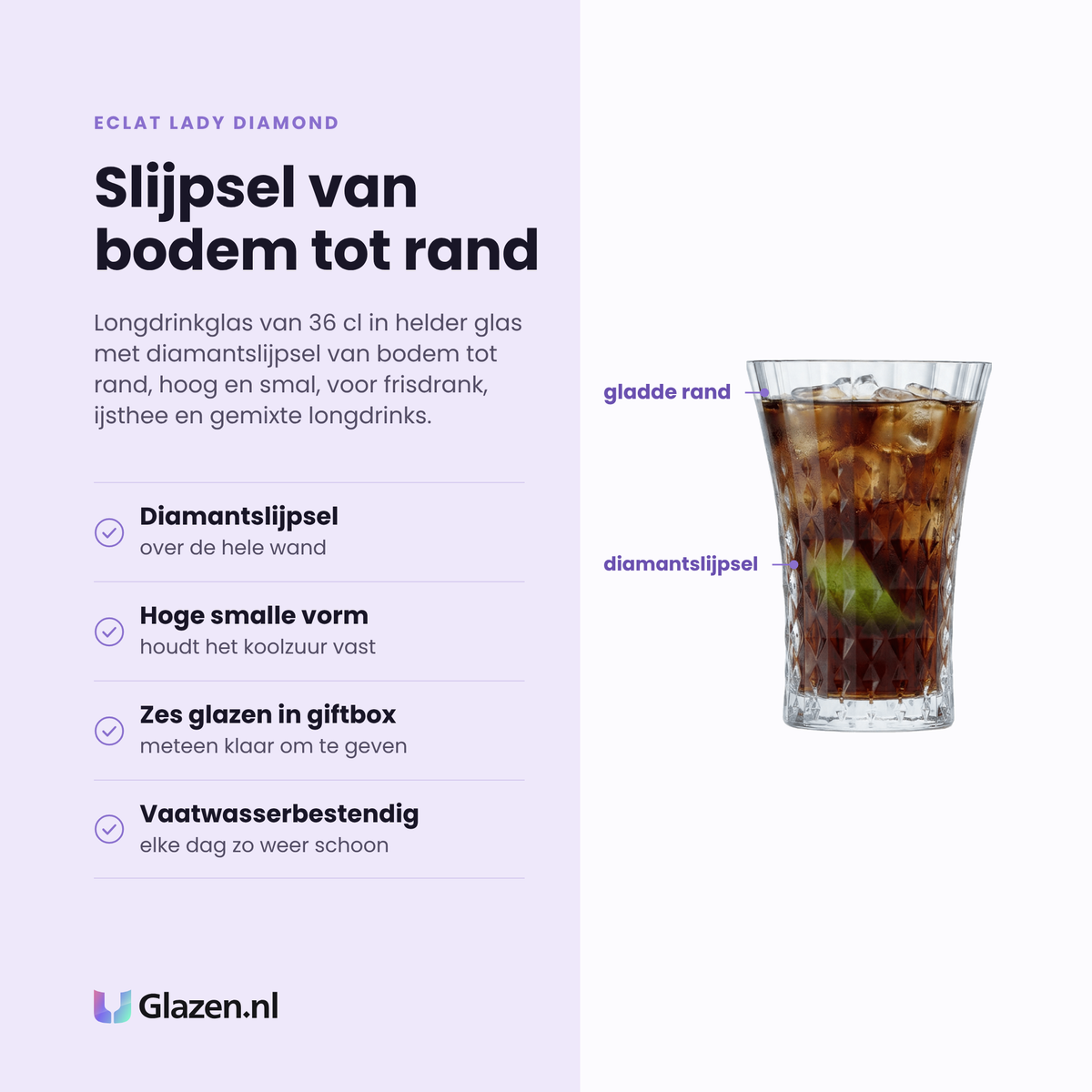 Eclat Lady Diamond longdrinkglas 36 cl eigenschappen: diamantslijpsel over hele wand, hoge vorm houdt koolzuur, zes glazen in giftbox, vaatwasserbestendig