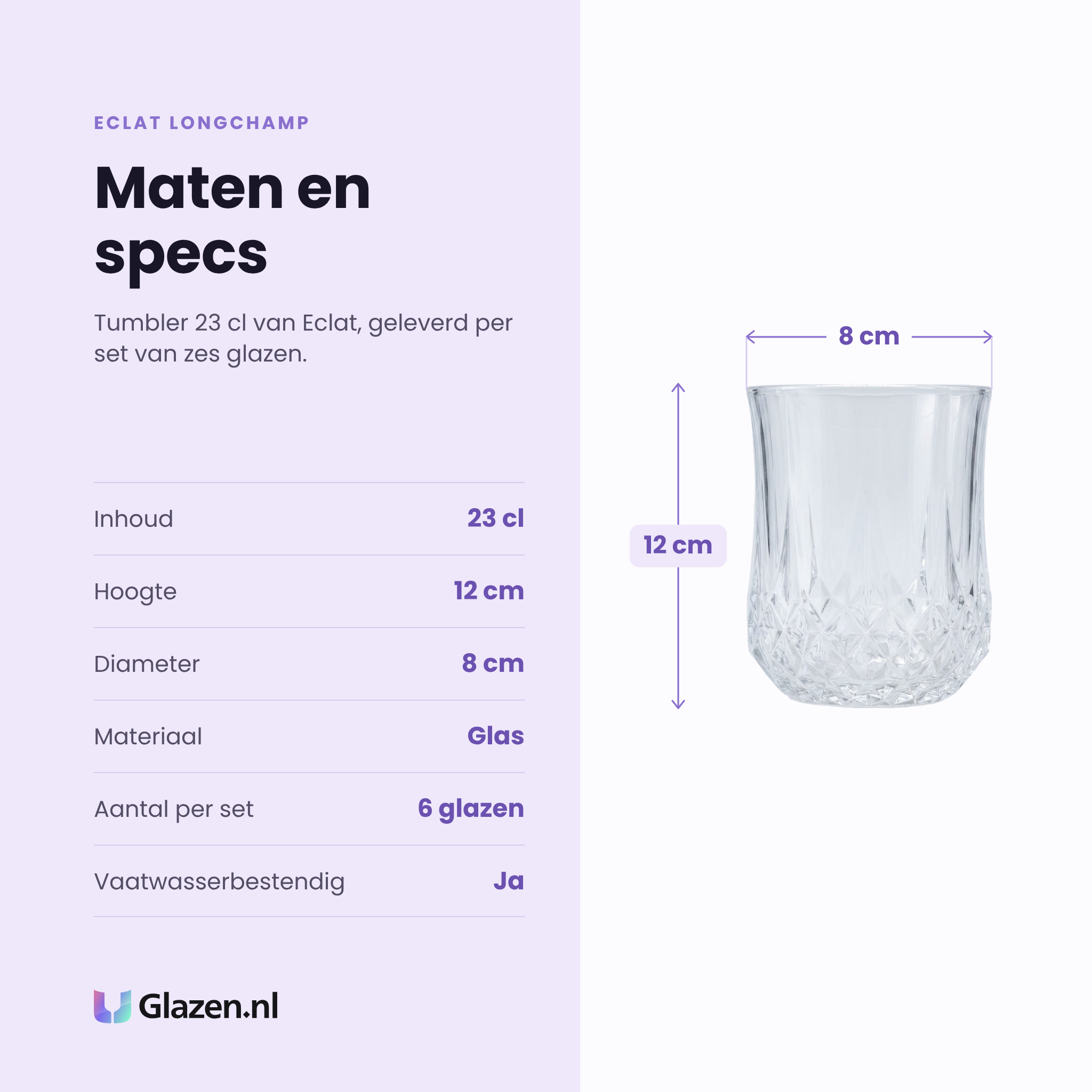 Eclat Longchamp tumbler 23 cl specificaties: inhoud 23 cl, hoogte 12 cm, diameter 8 cm, glas, set van 6