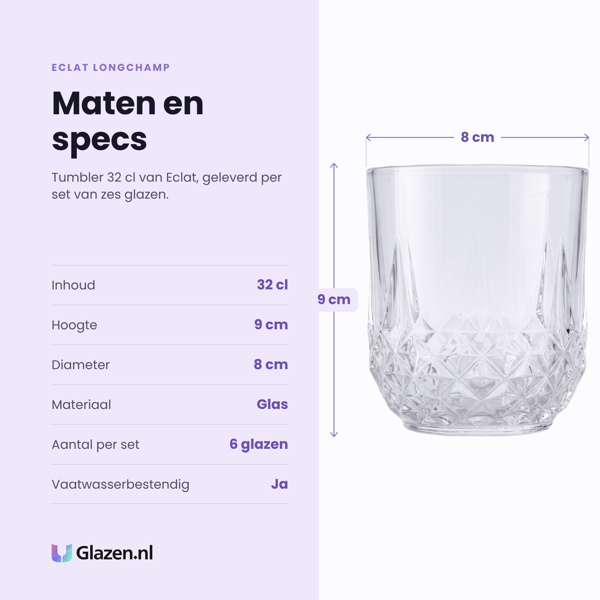 Eclat Longchamp tumbler 32 cl specificaties: inhoud 32 cl, hoogte 9 cm, diameter 8 cm, glas, set van 6