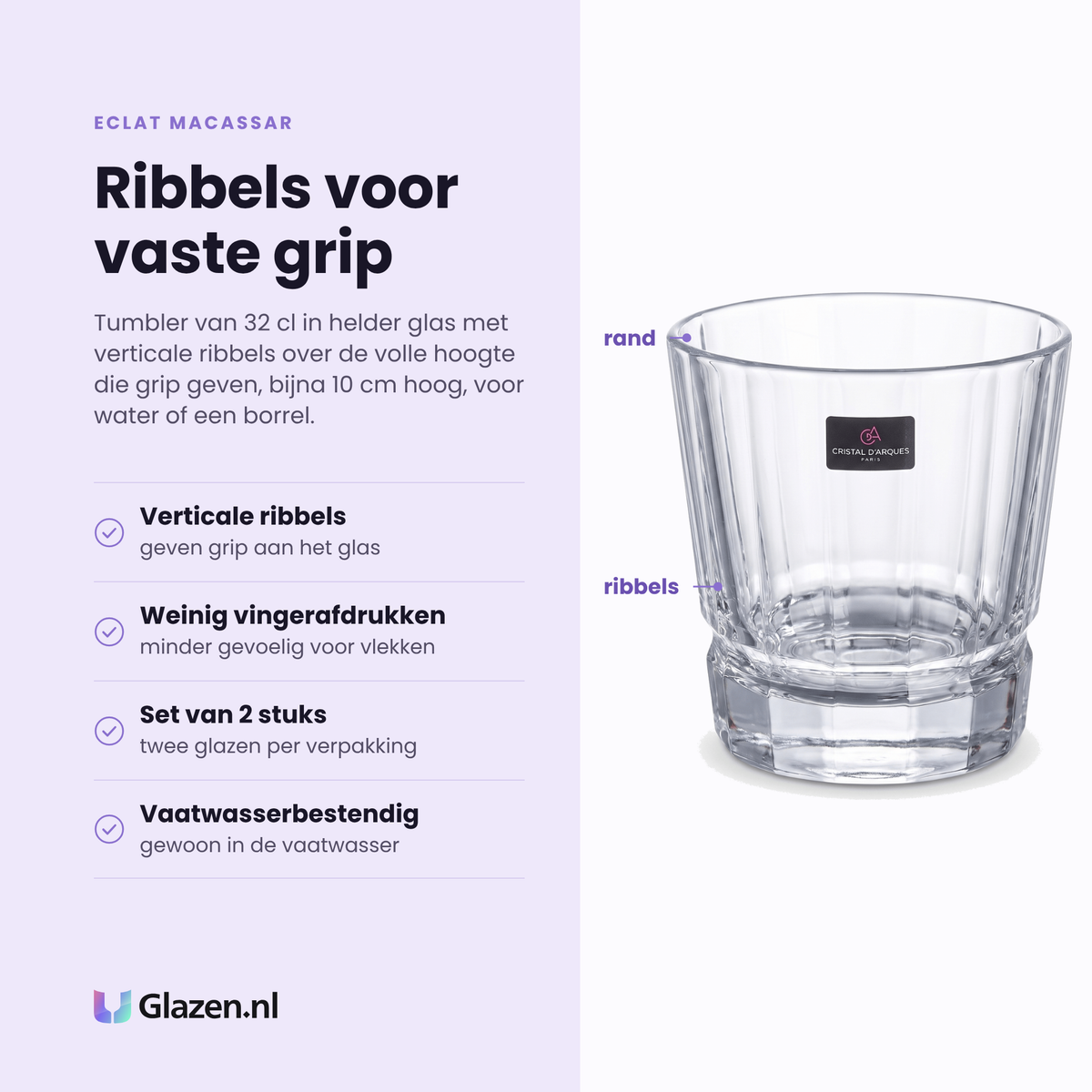 Eclat Macassar tumbler 32 cl eigenschappen: verticale ribbels, minder vingerafdrukken, set van 2 stuks, vaatwasserbestendig