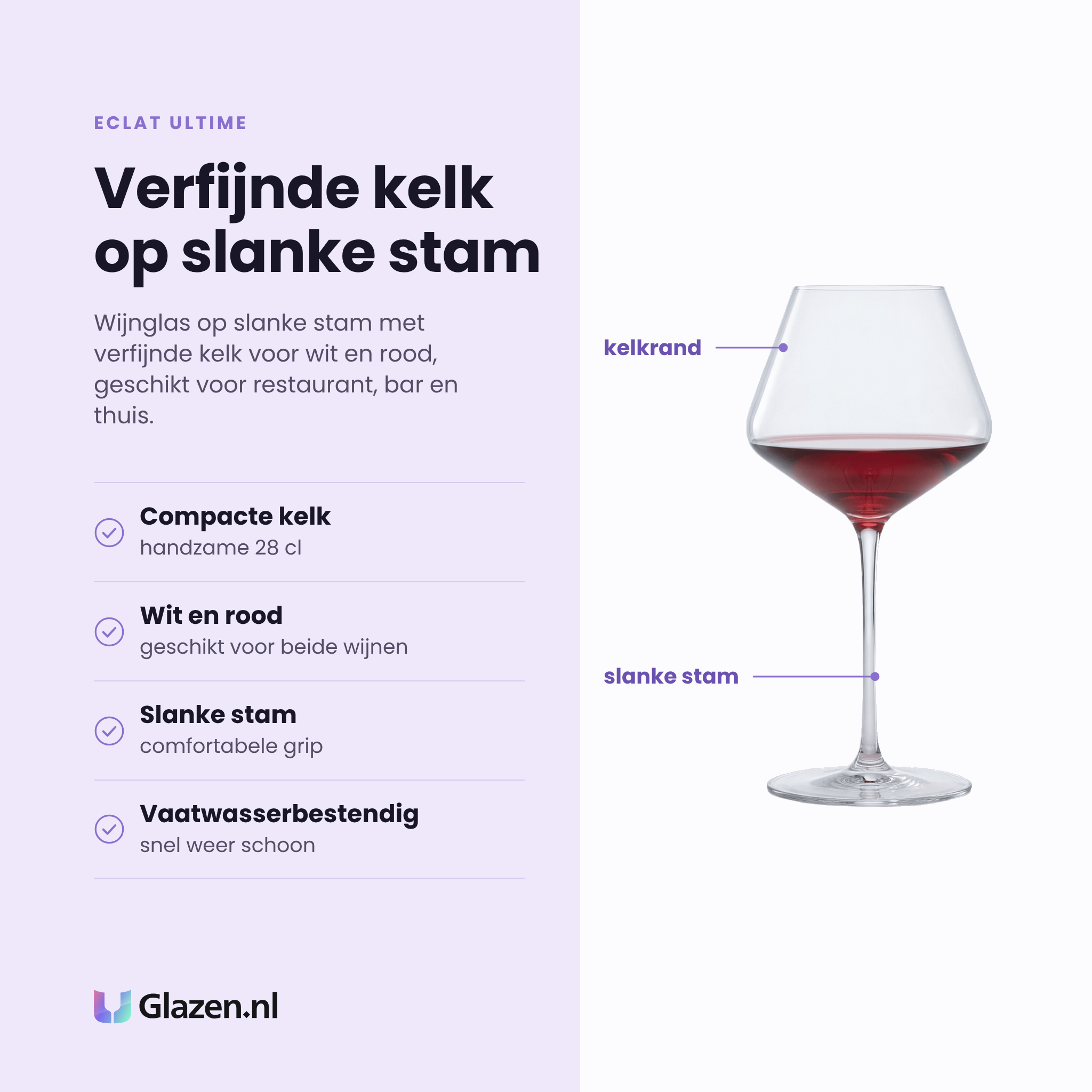 Eclat Ultime wijnglas 28 cl eigenschappen: compacte kelk van 28 cl, geschikt voor wit en rood, slanke stam, vaatwasserbestendig