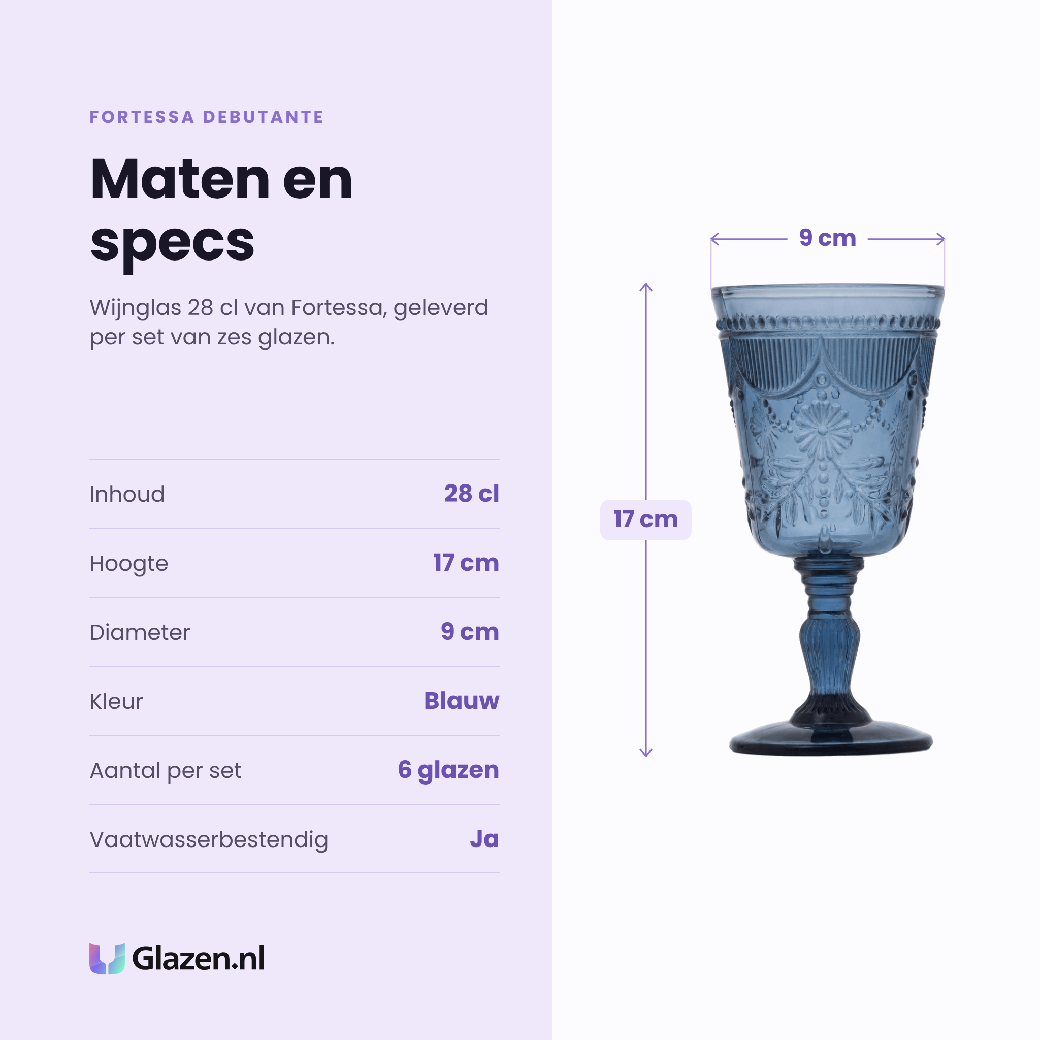 Fortessa Debutante wijnglas 28 cl specificaties: inhoud 28 cl, hoogte 17 cm, diameter 9 cm, blauw glas, set van 6