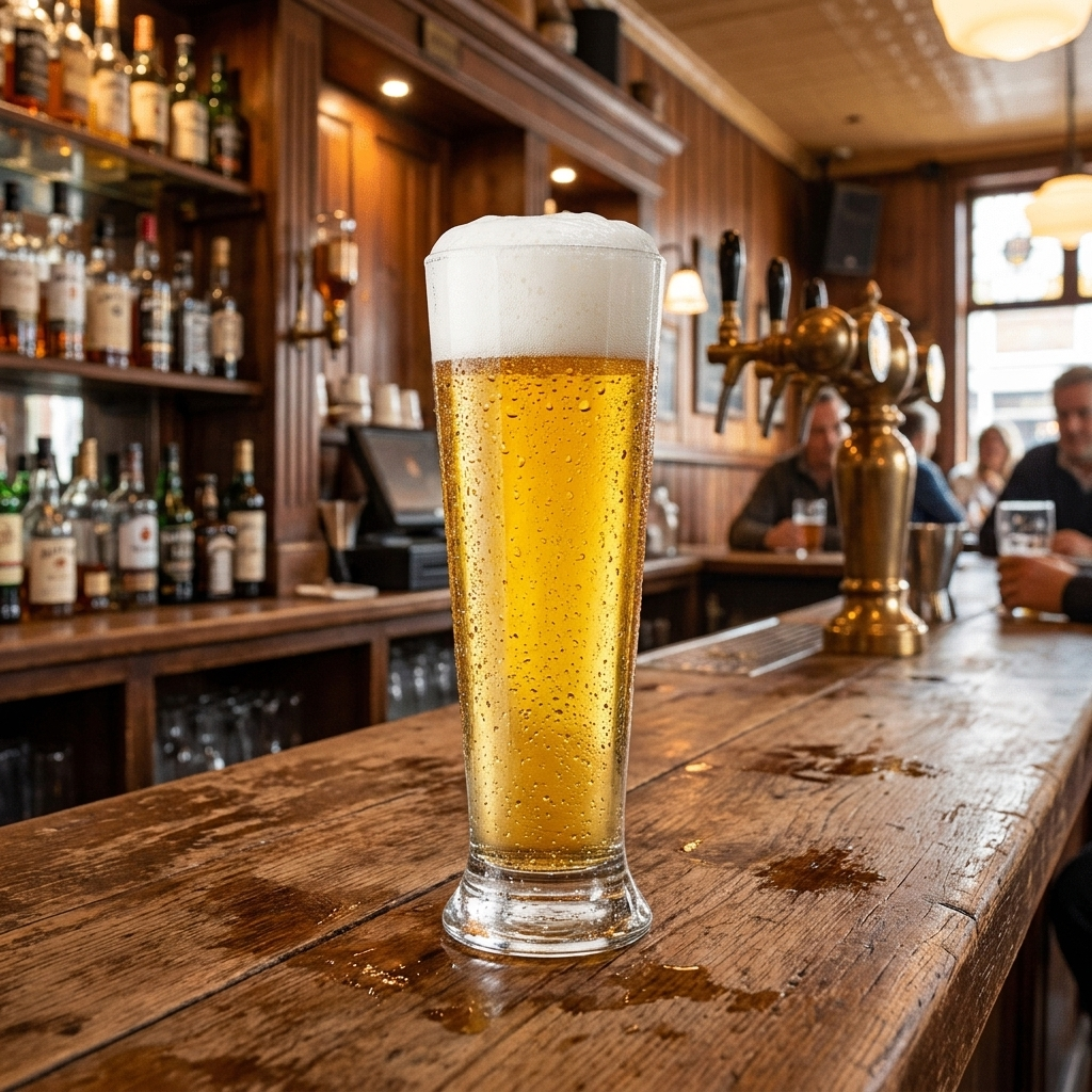 Arcoroc Linz bierglas 39 cl ingeschonken met pils en schuimkraag op houten bar