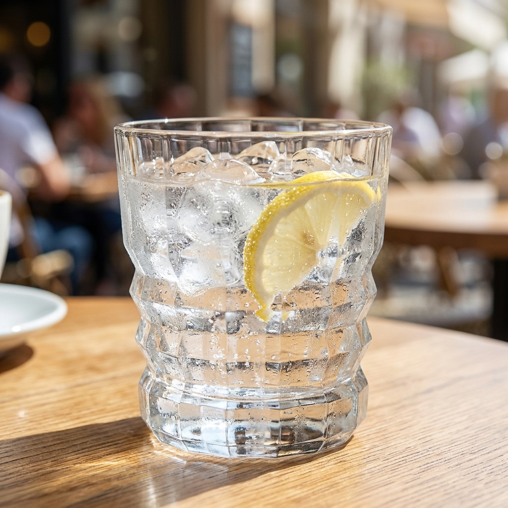 Arcoroc Louisiane tumbler 32 cl ingeschonken met bruiswater, ijs en citroen