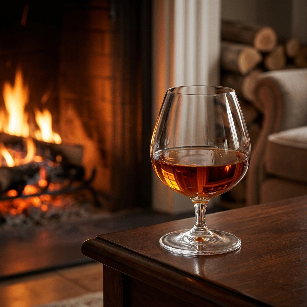 Bormioli Rocco Premium cognacglas 64,5 cl ingeschonken met cognac bij open haard