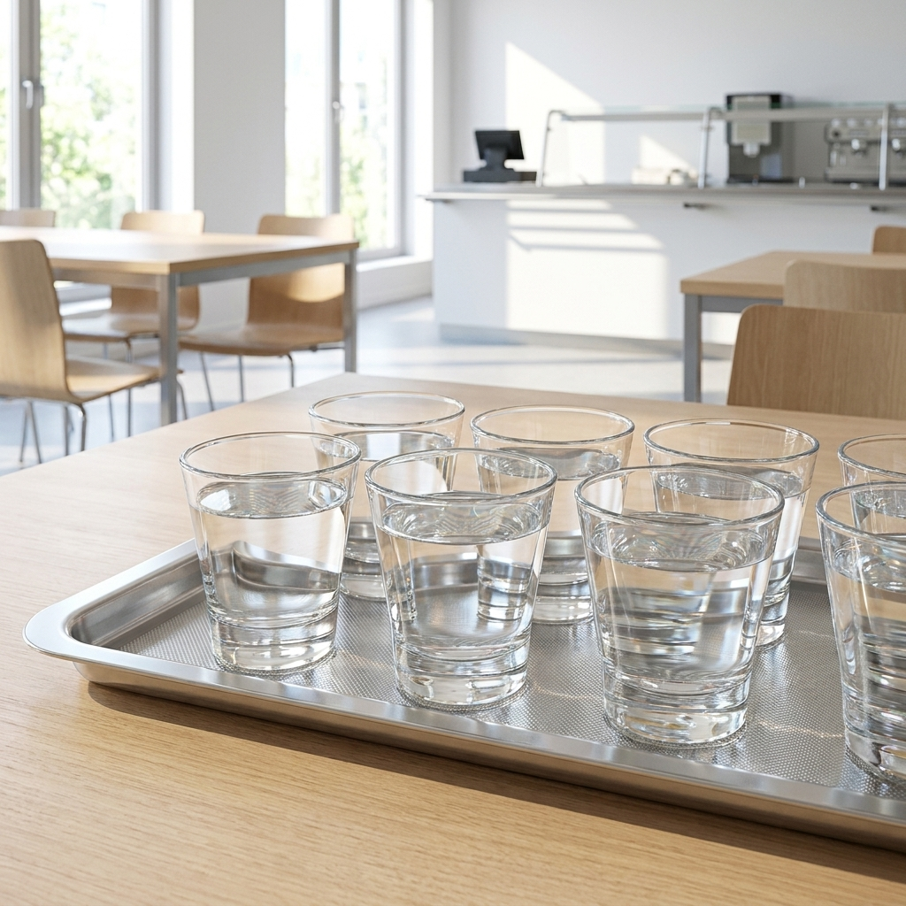 Arcoroc Shetland tumblers met water op dienblad in kantine