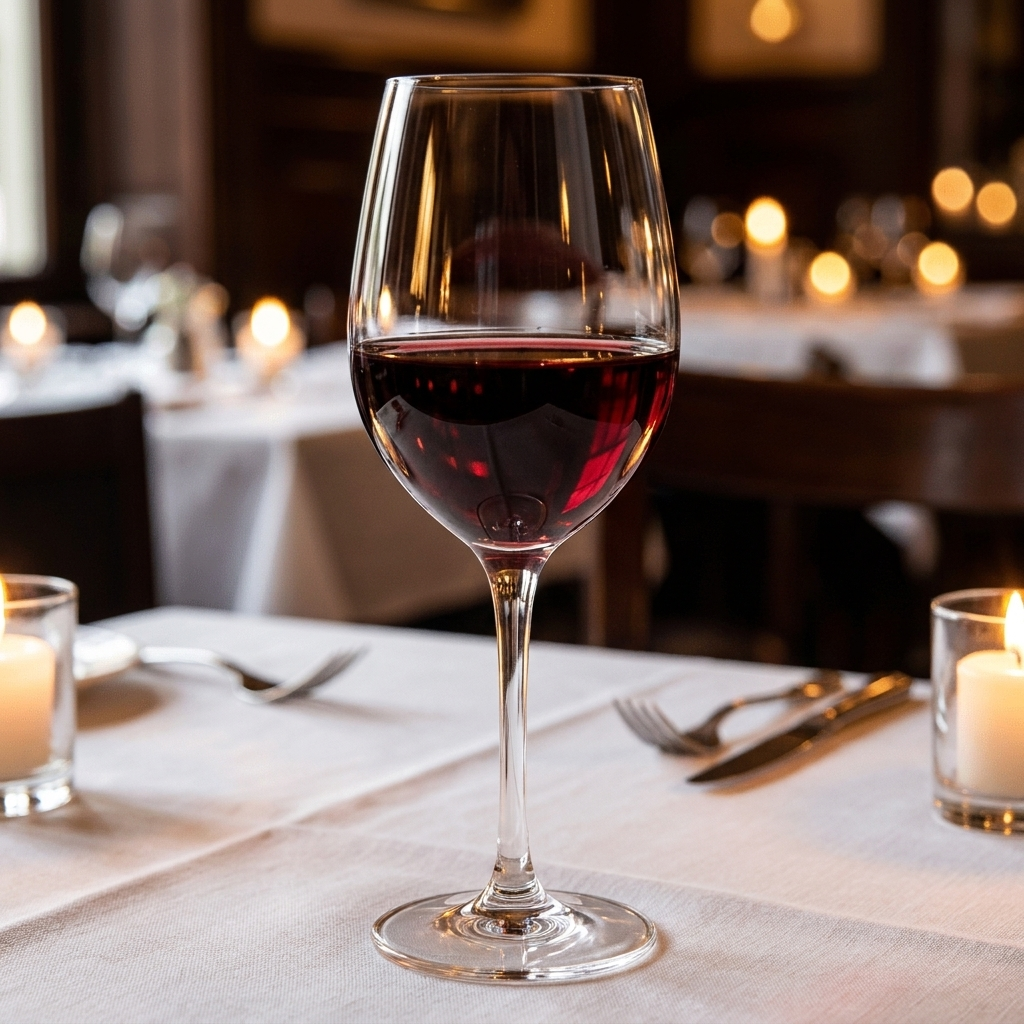 Bormioli Rocco Premium wijnglas 29 cl ingeschonken met rode wijn op restauranttafel