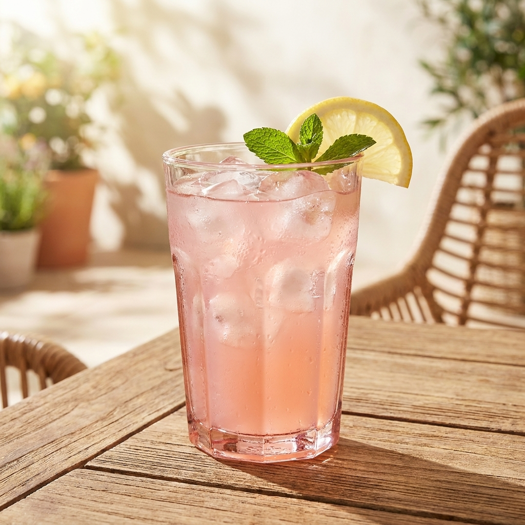 Duralex Picardie tumbler 25 cl roze met pink lemonade op zomerterras