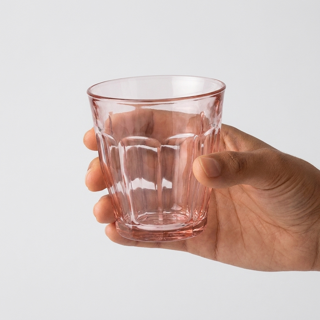 Duralex Picardie tumbler 25 cl roze in hand voor formaatindicatie