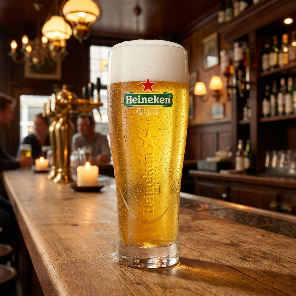 Heineken Ellipse bierglas 25 cl ingeschonken met pils en schuimkraag op bar