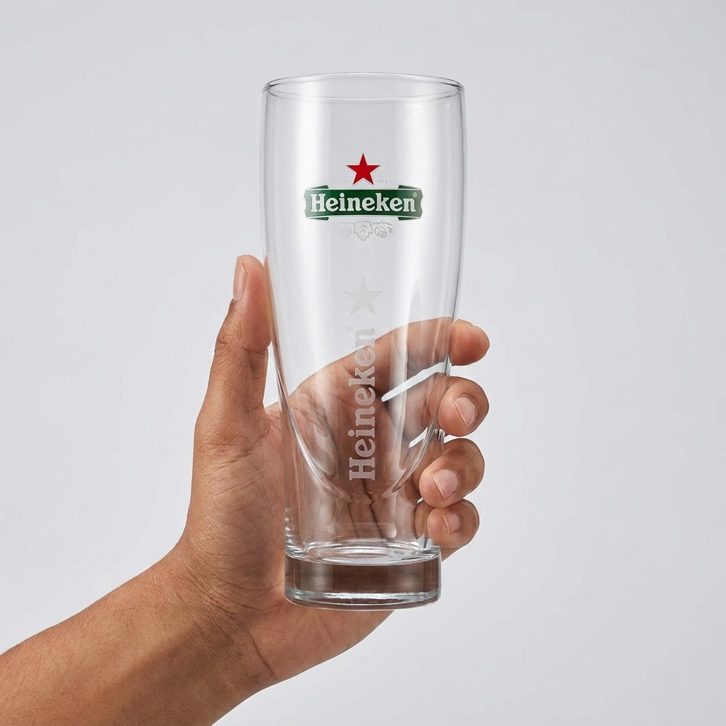Heineken Ellipse bierglas 50 cl in hand voor formaatindicatie