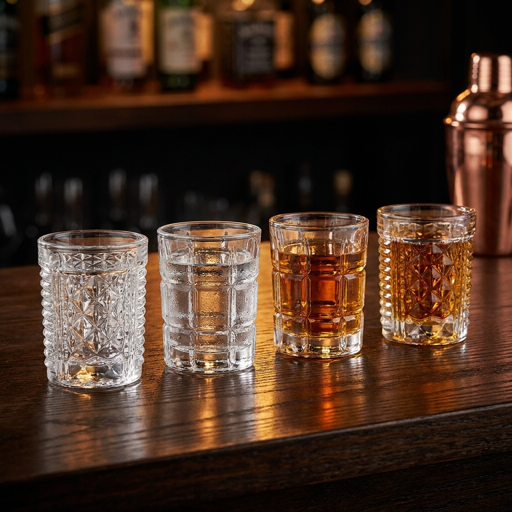 La Rochère shotglazen 6 cl gevuld met sterke drank op donkere bar