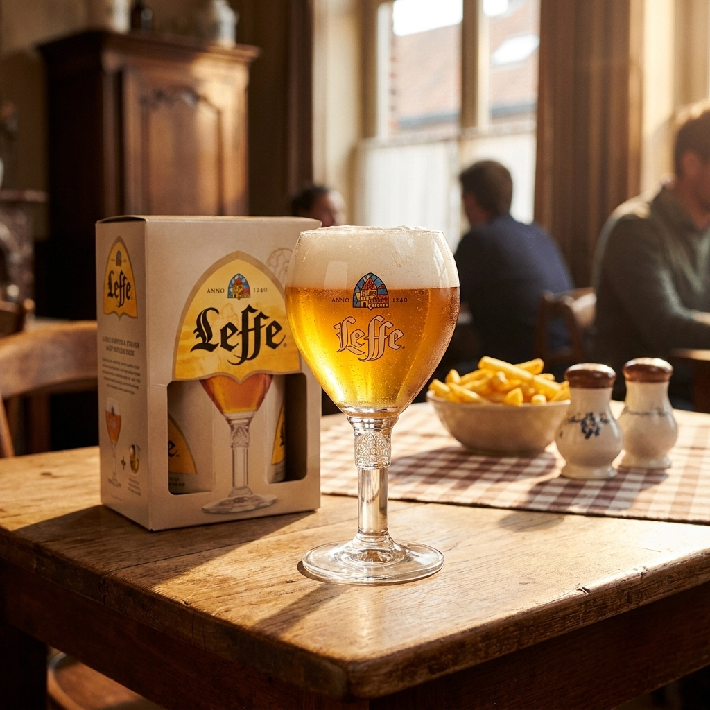 Leffe bierglas met giftbox op Belgische brasserietafel