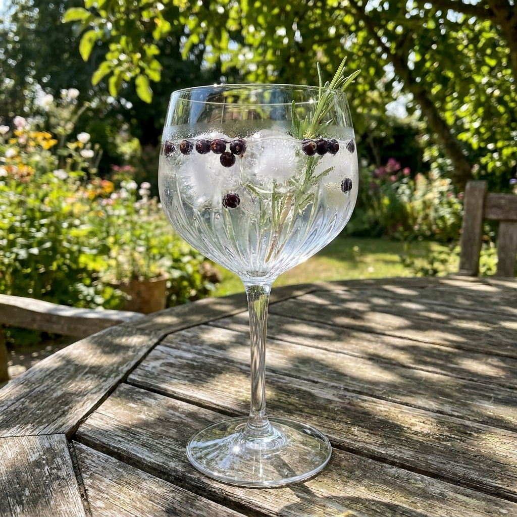Luigi Bormioli Spanish gin tonic glas 80 cl met gin tonic op tuintafel in zonlicht