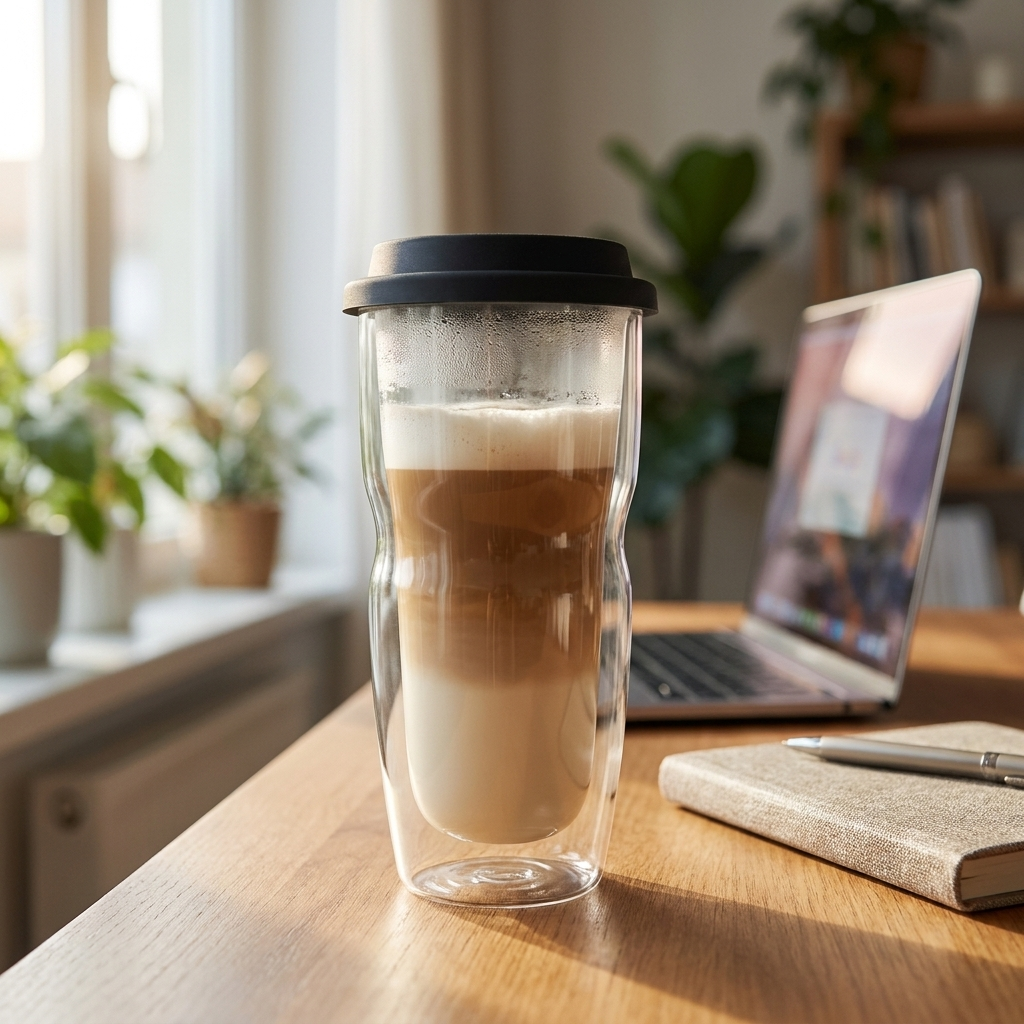 Luigi Bormioli Thermic Coffee On The Go 46 cl met latte macchiato op bureau bij raam