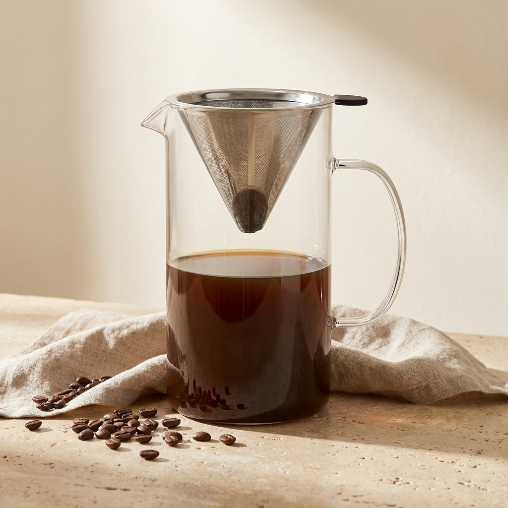 Luigi Bormioli Sublime koffiemaker 1,8L tegen crèmekleurige achtergrond met koffiebonen