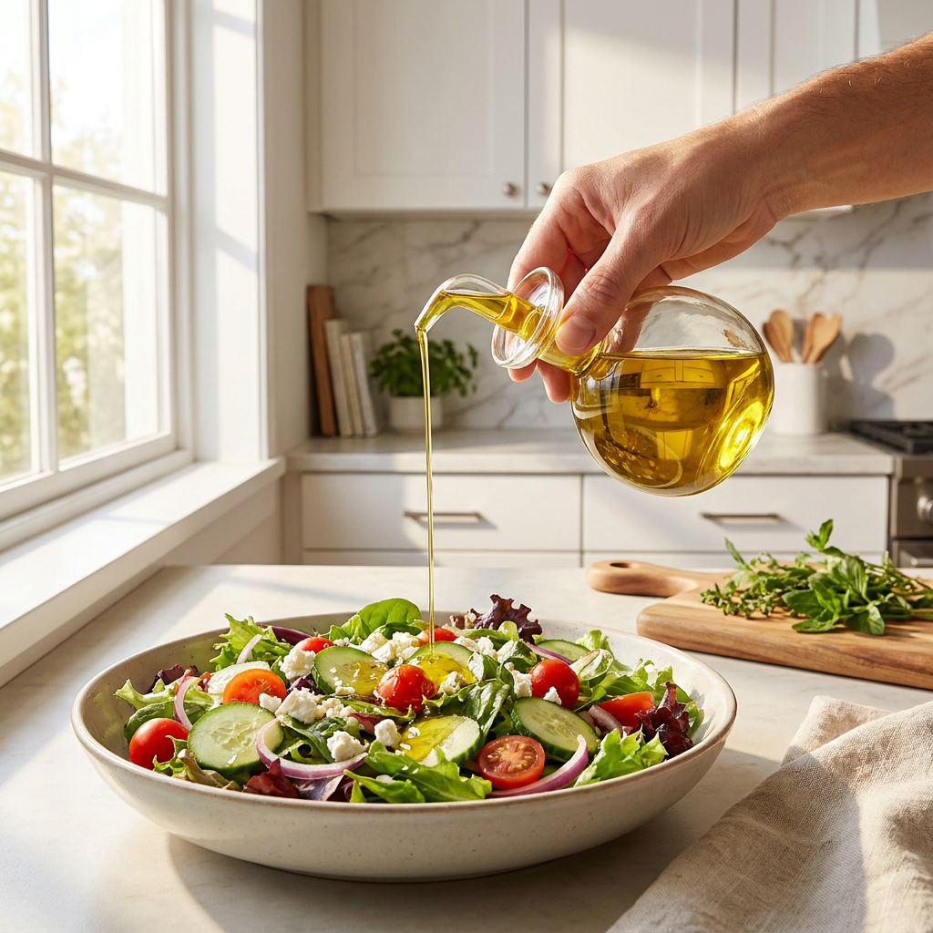 Olijfolie druppelen over salade uit Luigi Bormioli Thermic oliefles
