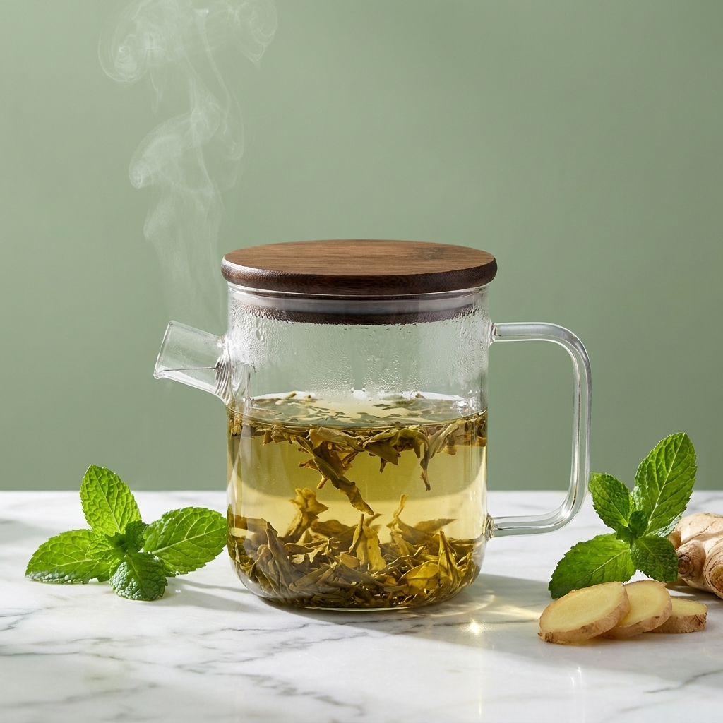 Luigi Bormioli Thermic theepot met bamboe deksel tegen saliegroene achtergrond met munt en gember