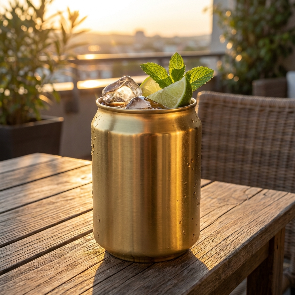 Speakeasy Cola Mug cocktailbeker goud met rum-cocktail op terrastafel in avondzon