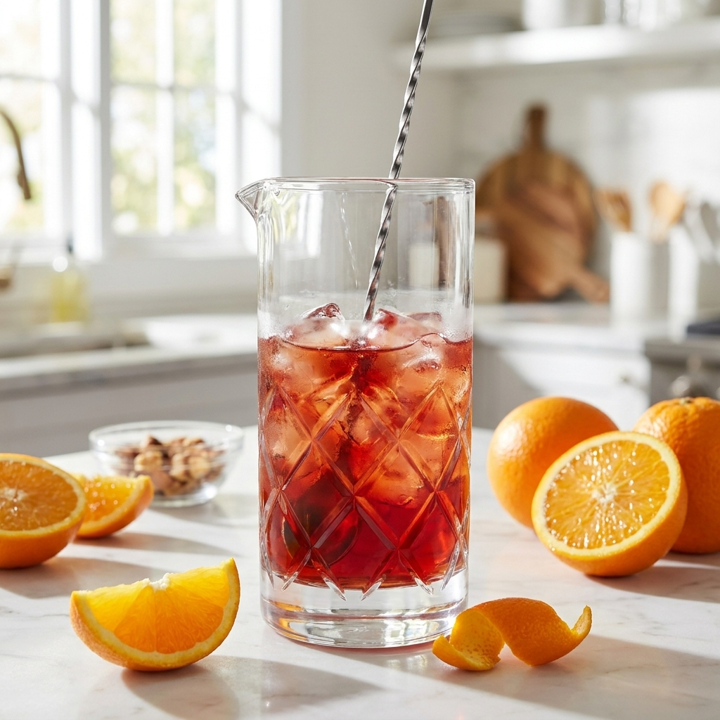 Speakeasy Yarai mixglas 70 cl met negroni roeren op keukeneiland