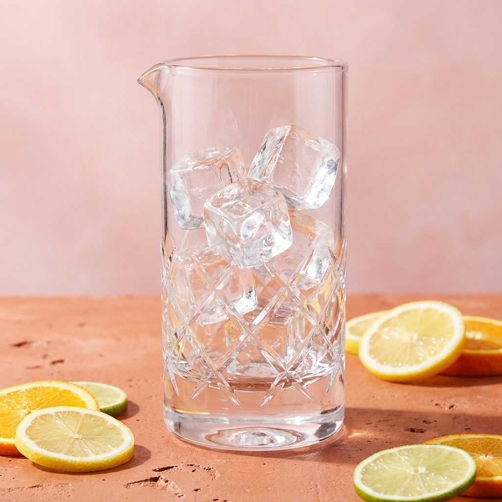 Speakeasy Yarai mixglas 70 cl met ijs tegen pastelroze achtergrond met citrus