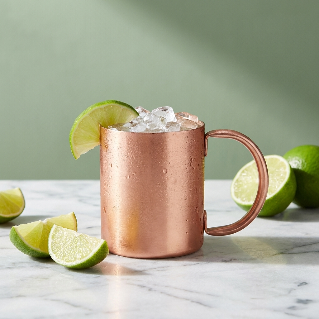 Speakeasy Moscow Mule beker aluminium tegen saliegroene achtergrond met limoen