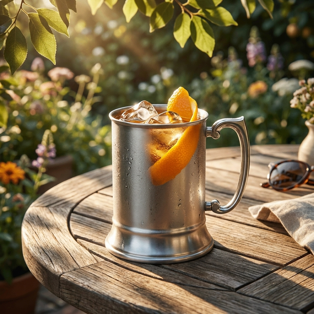 Speakeasy Tankard cocktailbeker met cocktail op tuintafel in zonlicht