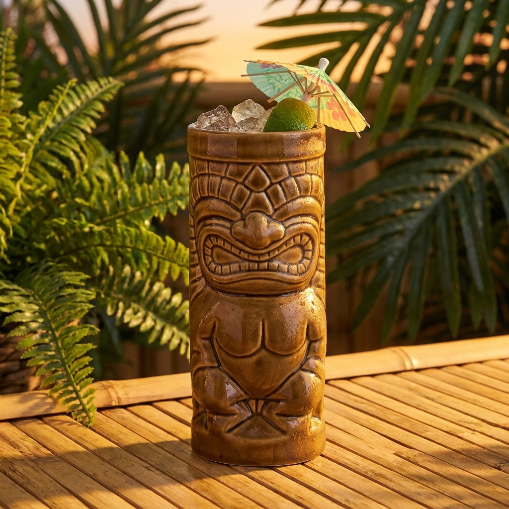 Tiki beker Maori 33 cl met rum-cocktail aan bamboe bar bij zonsondergang