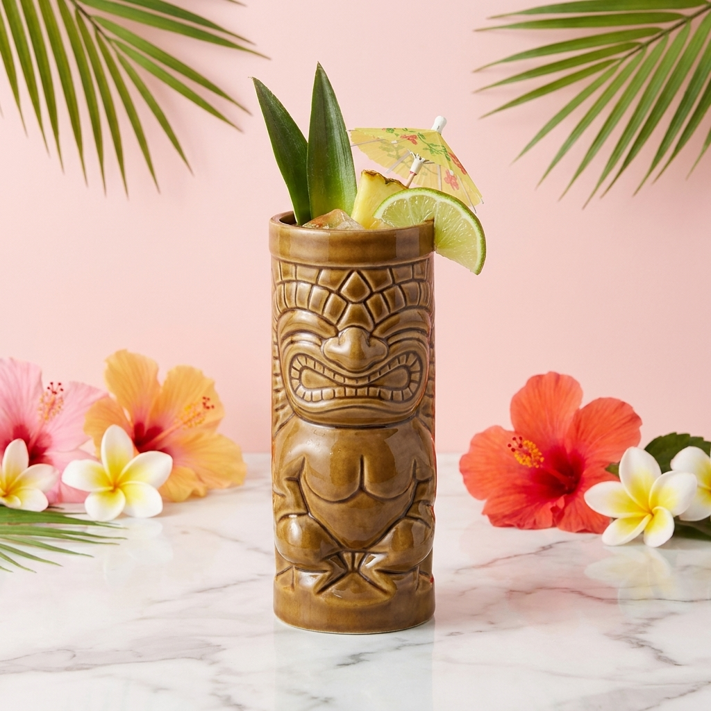 Tiki beker Maori met tropische cocktail tegen pastelroze achtergrond
