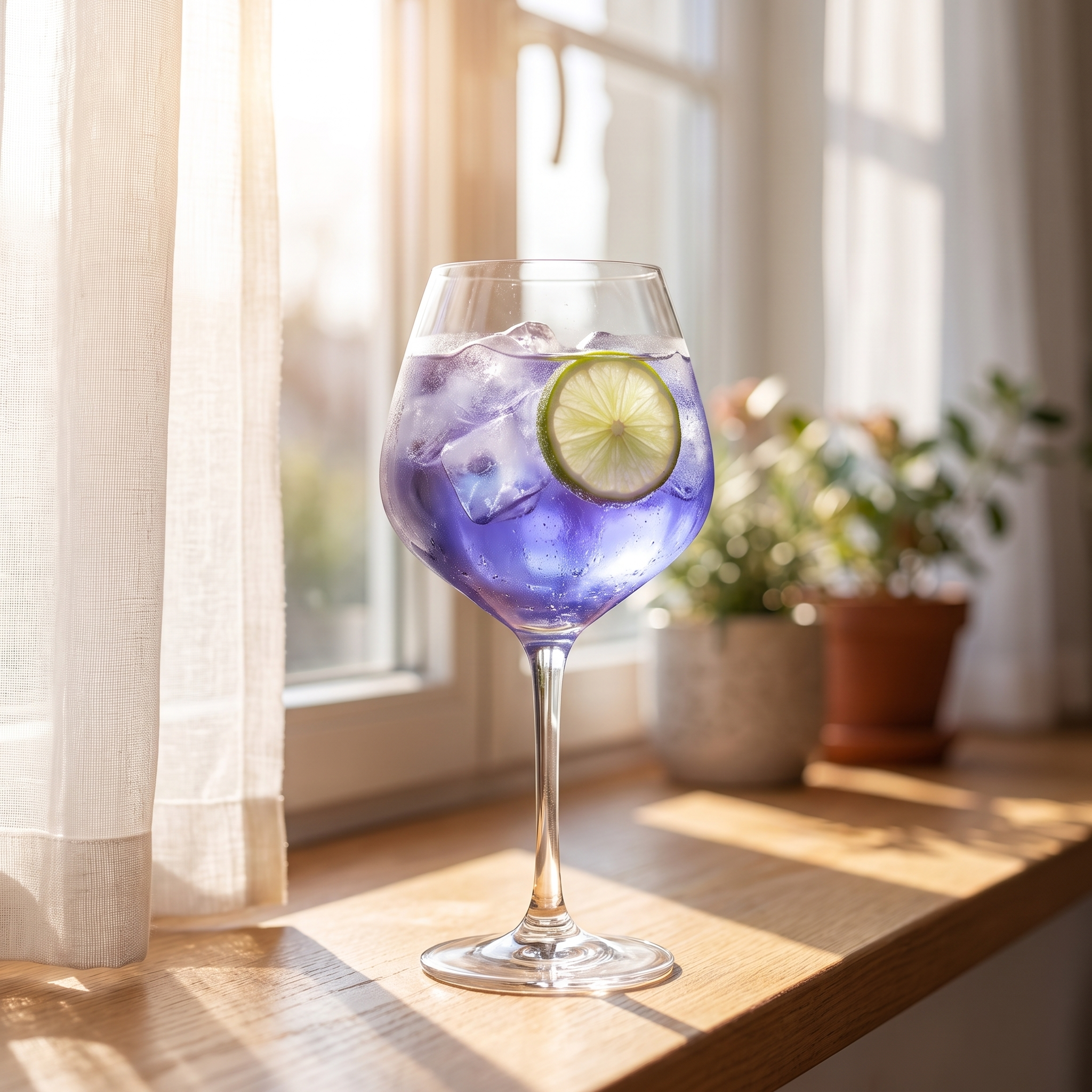 Gin tonic glas met violetblauwe cocktail op een zonnige vensterbank met witte vitrage