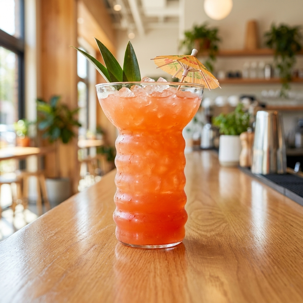 Pearl Diver cocktailglas met tropische cocktail op een houten cafétoonbank