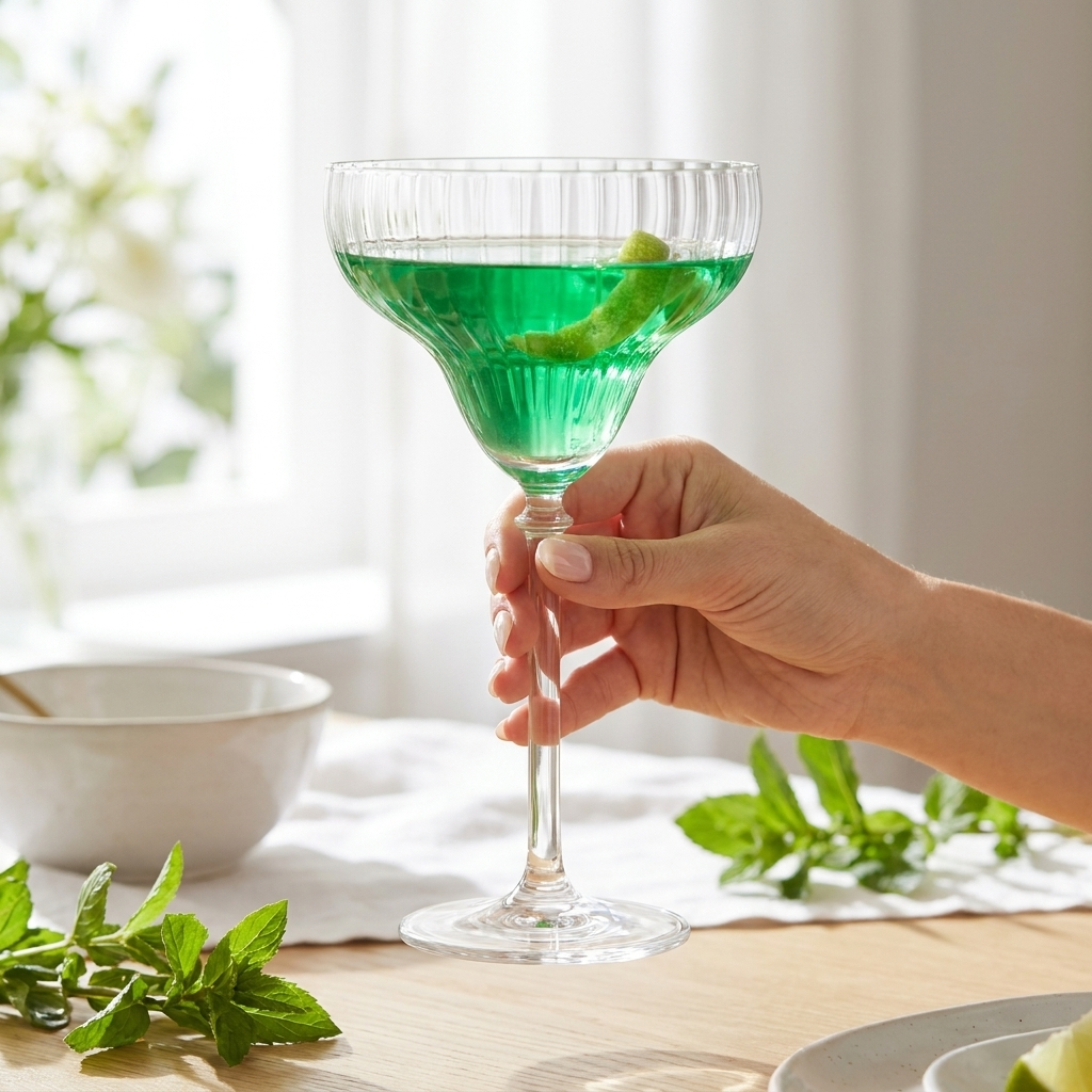 Hand houdt het Bonheur cocktailglas bij de steel vast, waardoor de grootte van het glas goed zichtbaar is