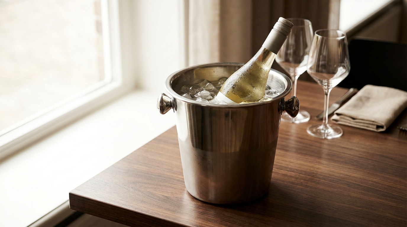 Wijnkoeler van roestvrij staal met een fles witte wijn op ijs, op een restauranttafel