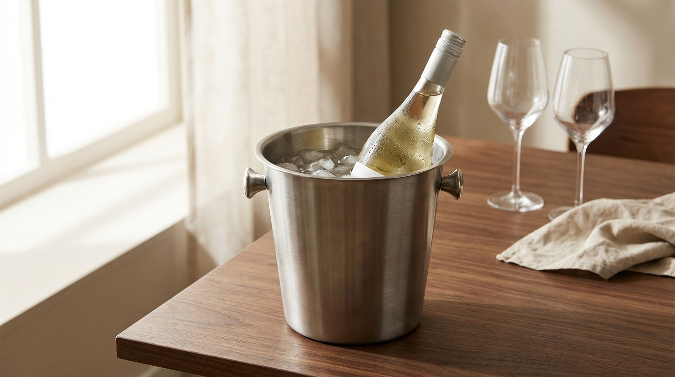 Wijnkoeler met fles wijn en twee wijnglazen op tafel, klaar om te serveren