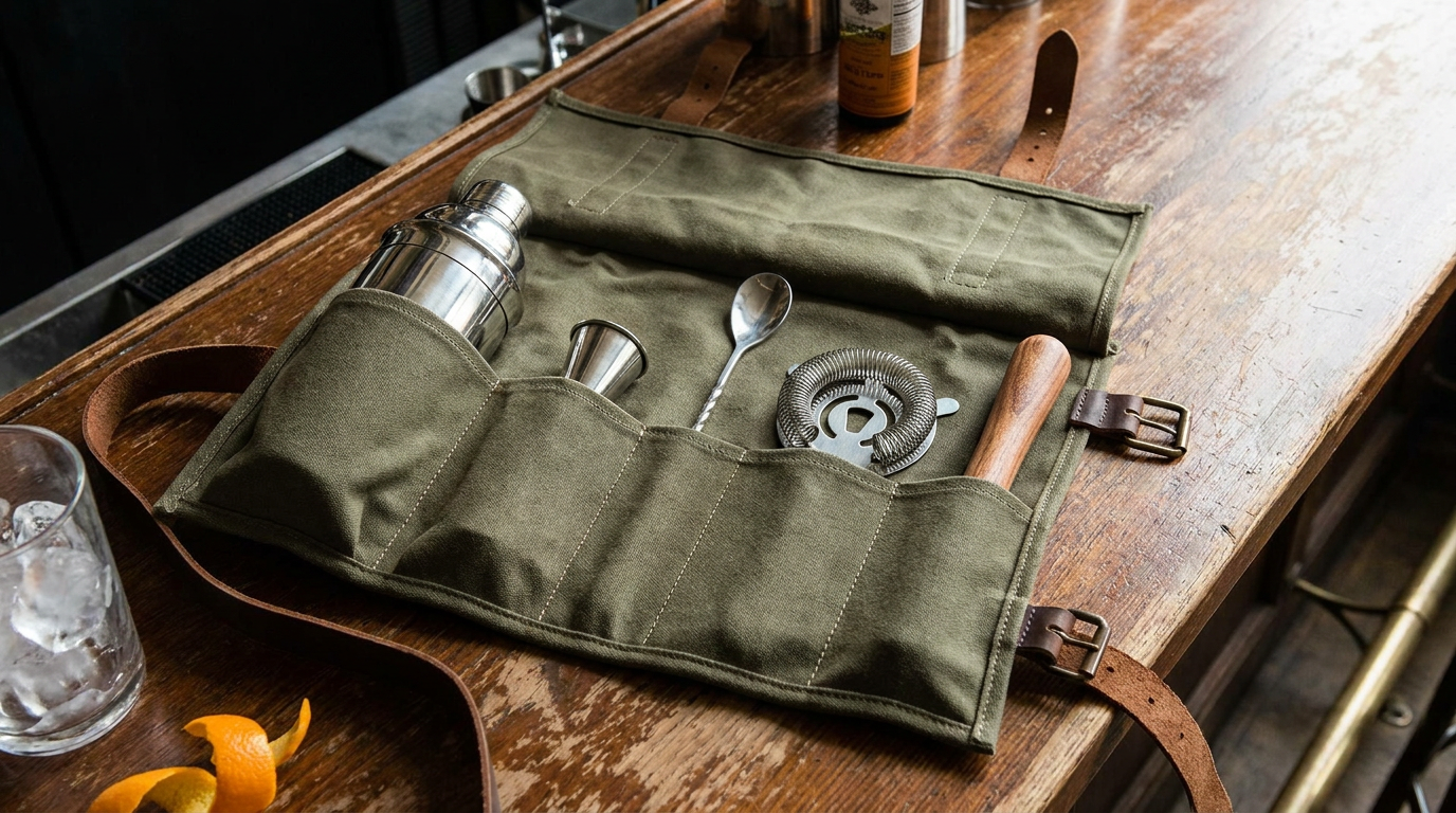 Uitgerolde canvas bartender roll met shaker, jigger, barlepel, zeef en muddler in vakken
