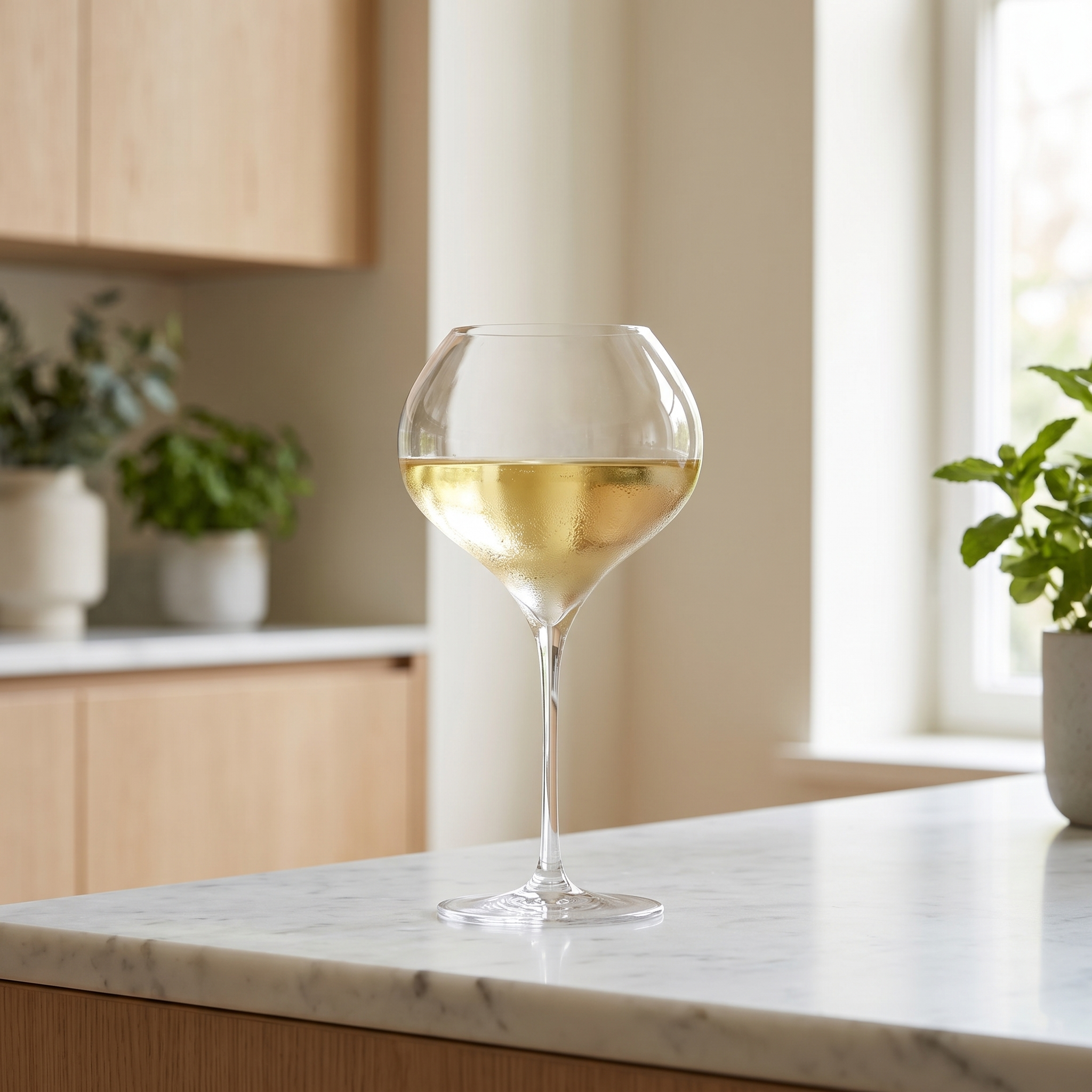 Lehmann Grand Blanc wijnglas 54 cl met witte wijn op een marmeren blad bij het raam