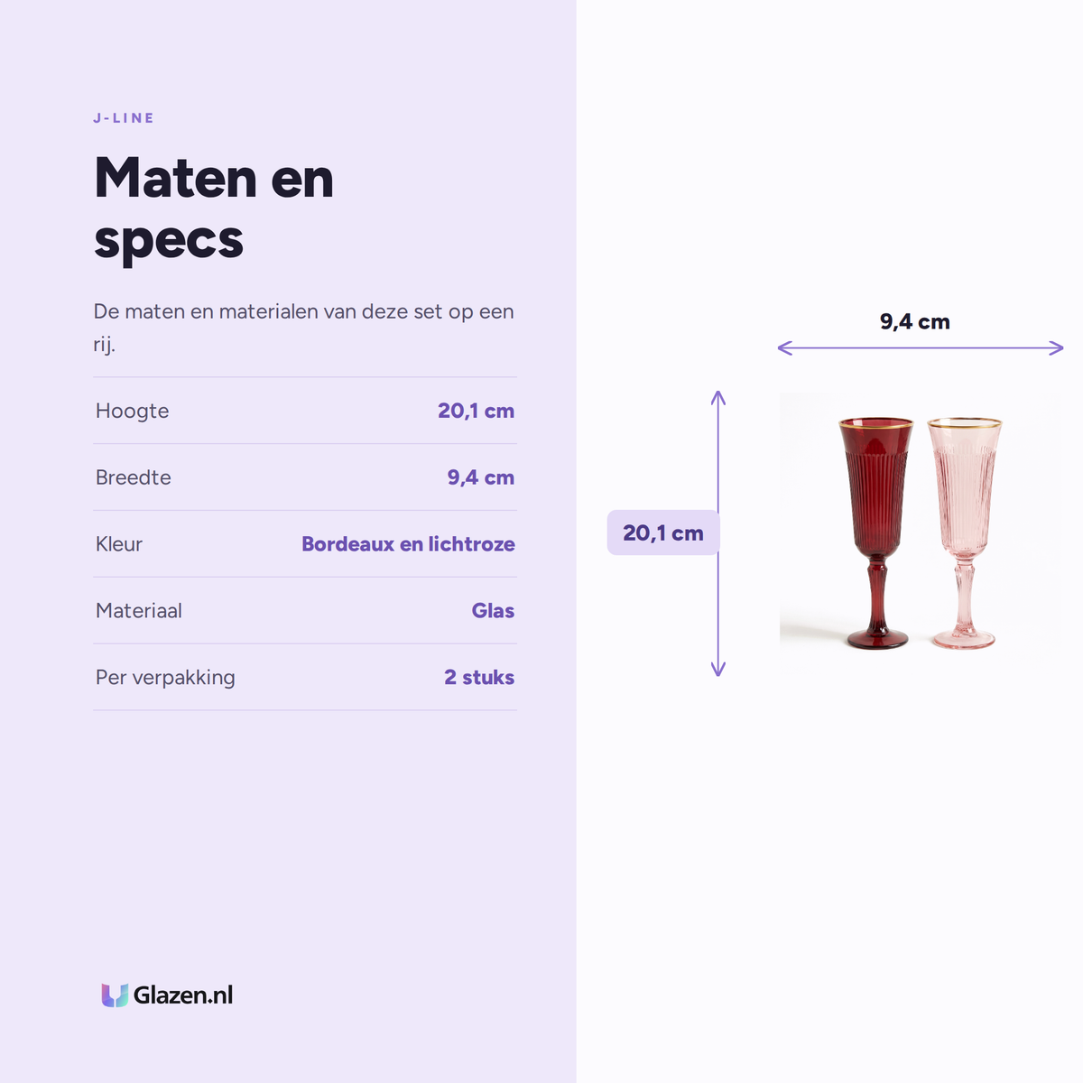 J-Line Champagneglas Reliëf Gouden Rand Groot Bordeaux/Lichtroze Assorti - 2 Stuks maten en specificaties