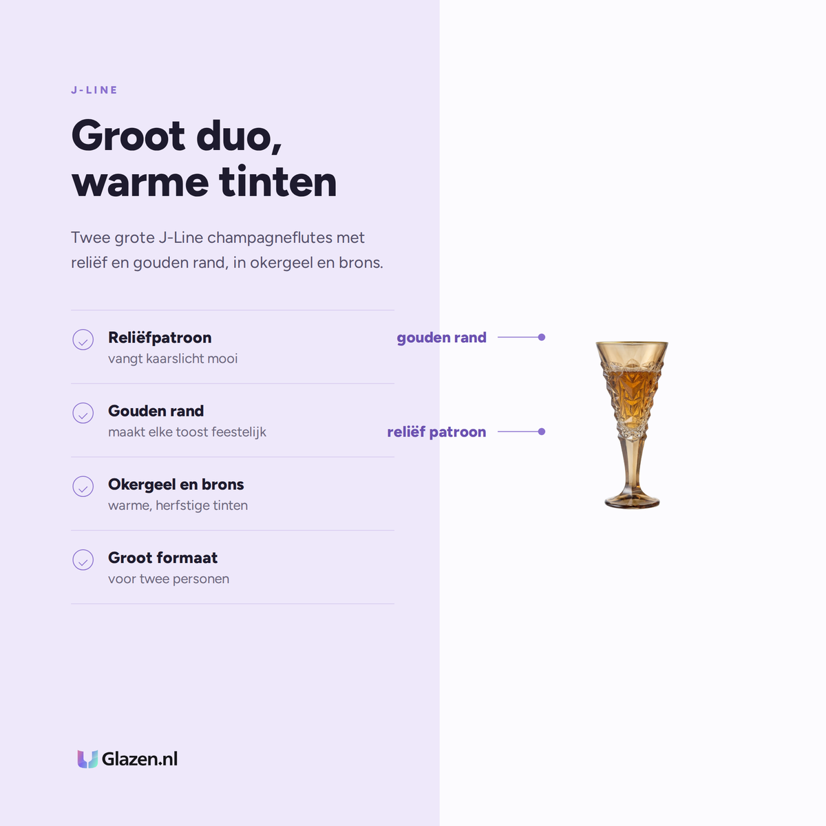 Eigenschappen van J-Line Champagneglas Reliëf Gouden Rand Groot Okergeel/Brons Assorti