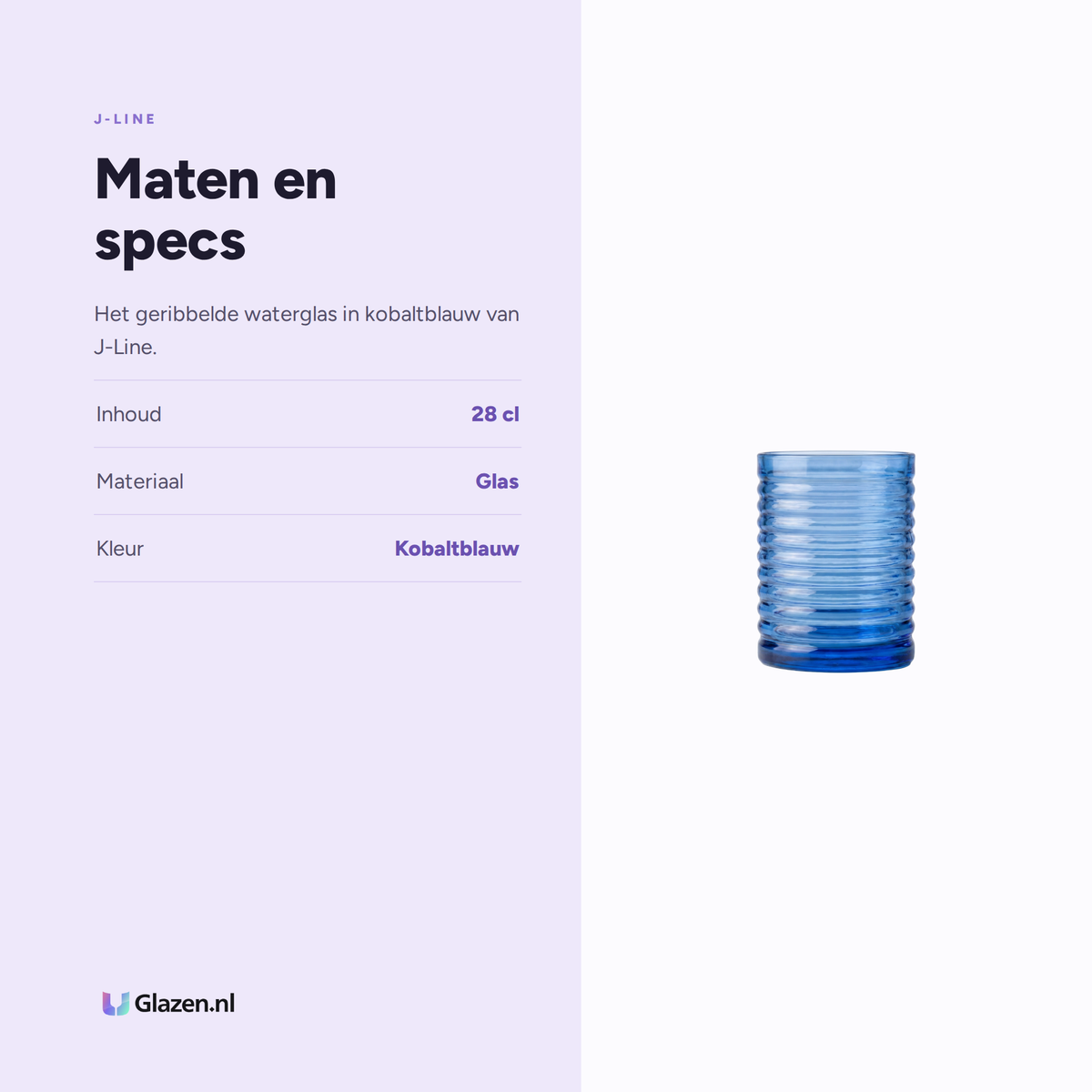 Maten en specs van J-Line Waterglas 28 Cl Geribbeld Kobaltblauw