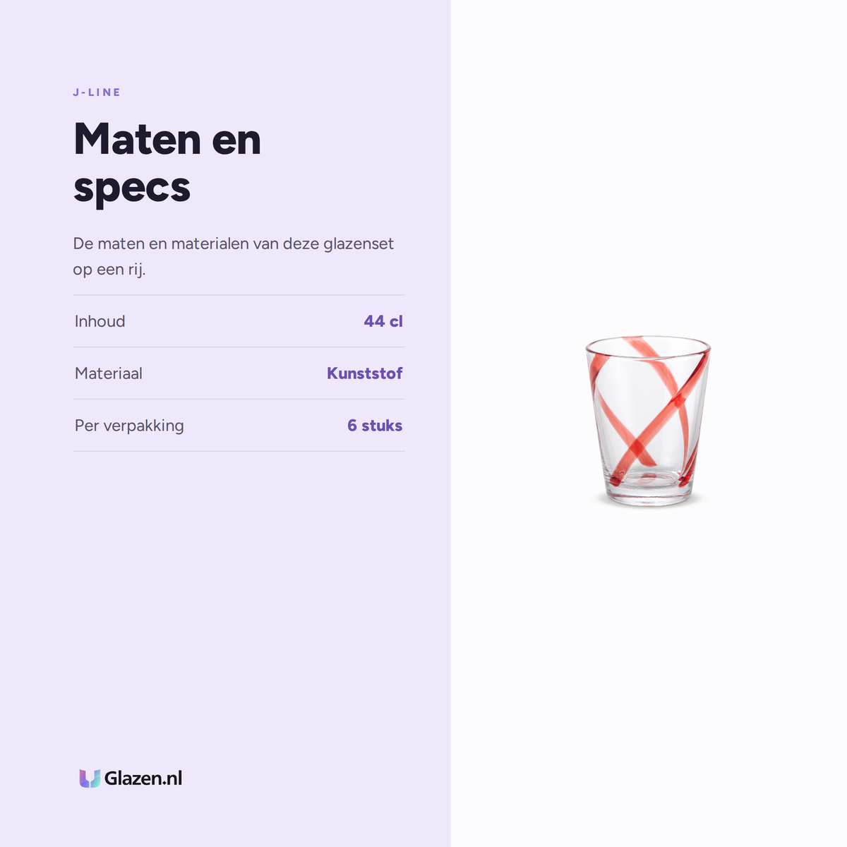 J-Line Waterglas 44 Cl Onbreekbaar Lijnen Assorti - 6 Stuks specificaties