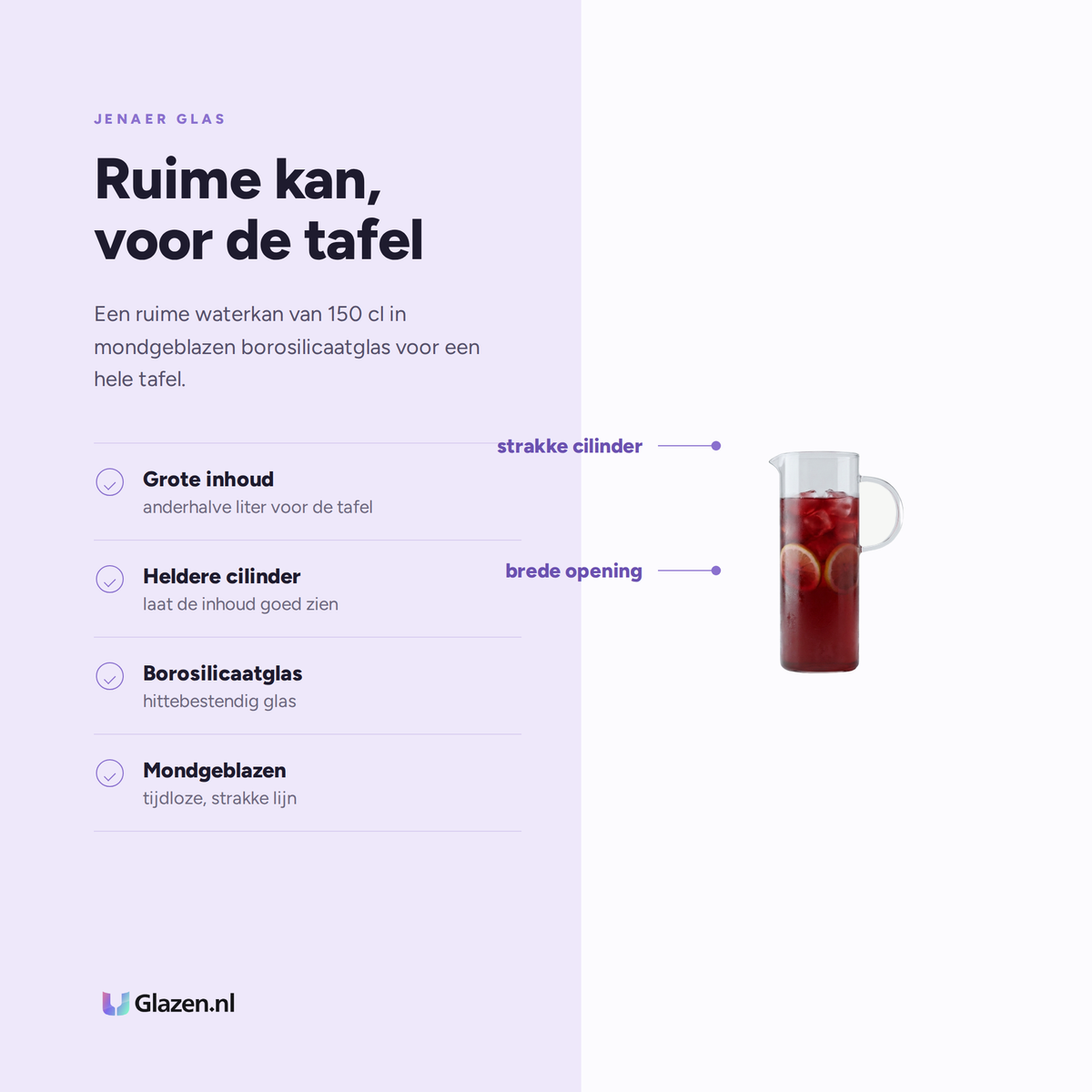 Eigenschappen van Jenaer Glas Waterkan 150 Cl Transparant