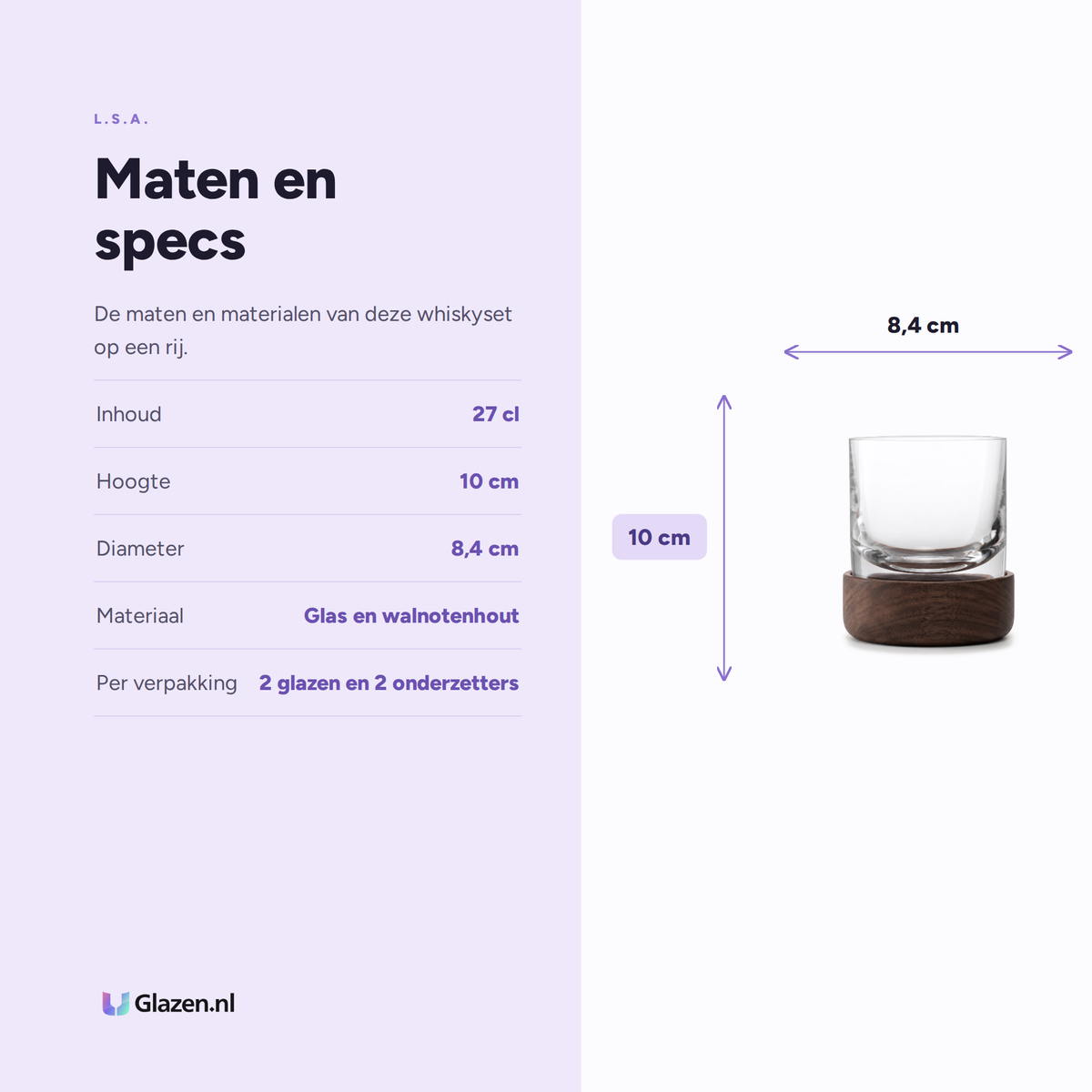 L.S.A. Whisky Tumbler 27 Cl met Onderzetter - 2 Stuks maten en specificaties