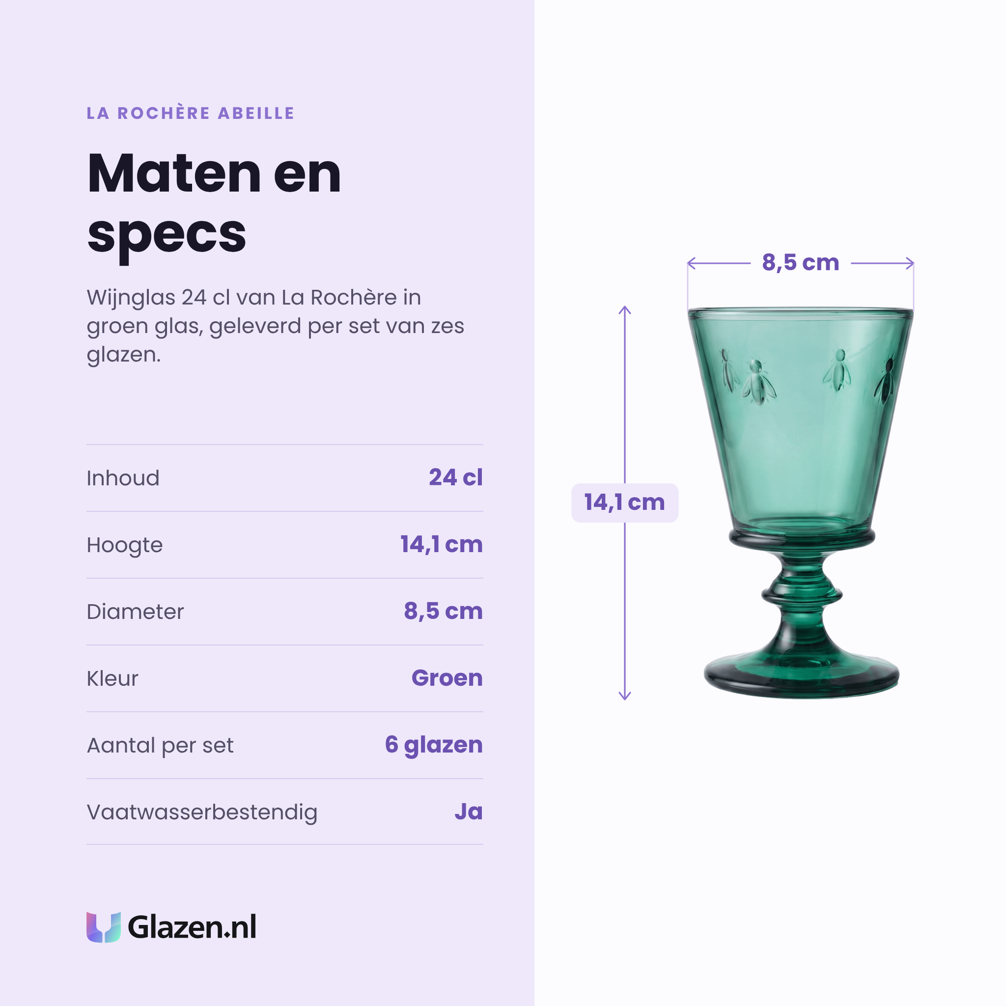 La Rochère Abeille wijnglas 24 cl specificaties: inhoud 24 cl, hoogte 14,1 cm, diameter 8,5 cm, groen glas, set van 6