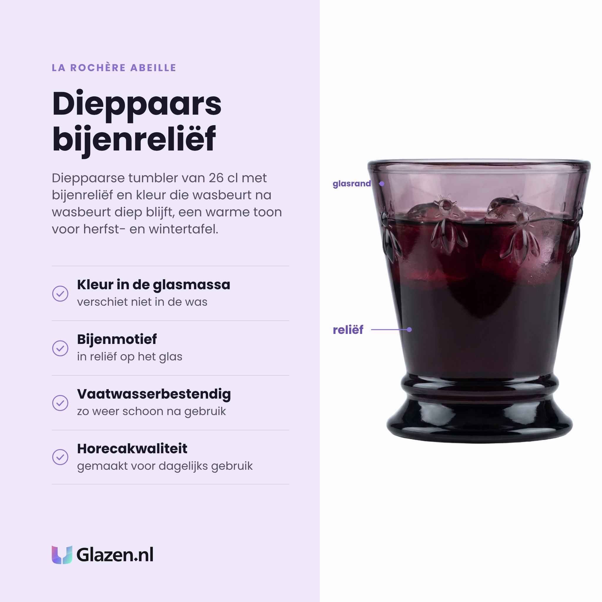 La Rochère Abeille tumbler 26 cl eigenschappen: kleur in de glasmassa, bijenmotief in reliëf, vaatwasserbestendig, horecakwaliteit